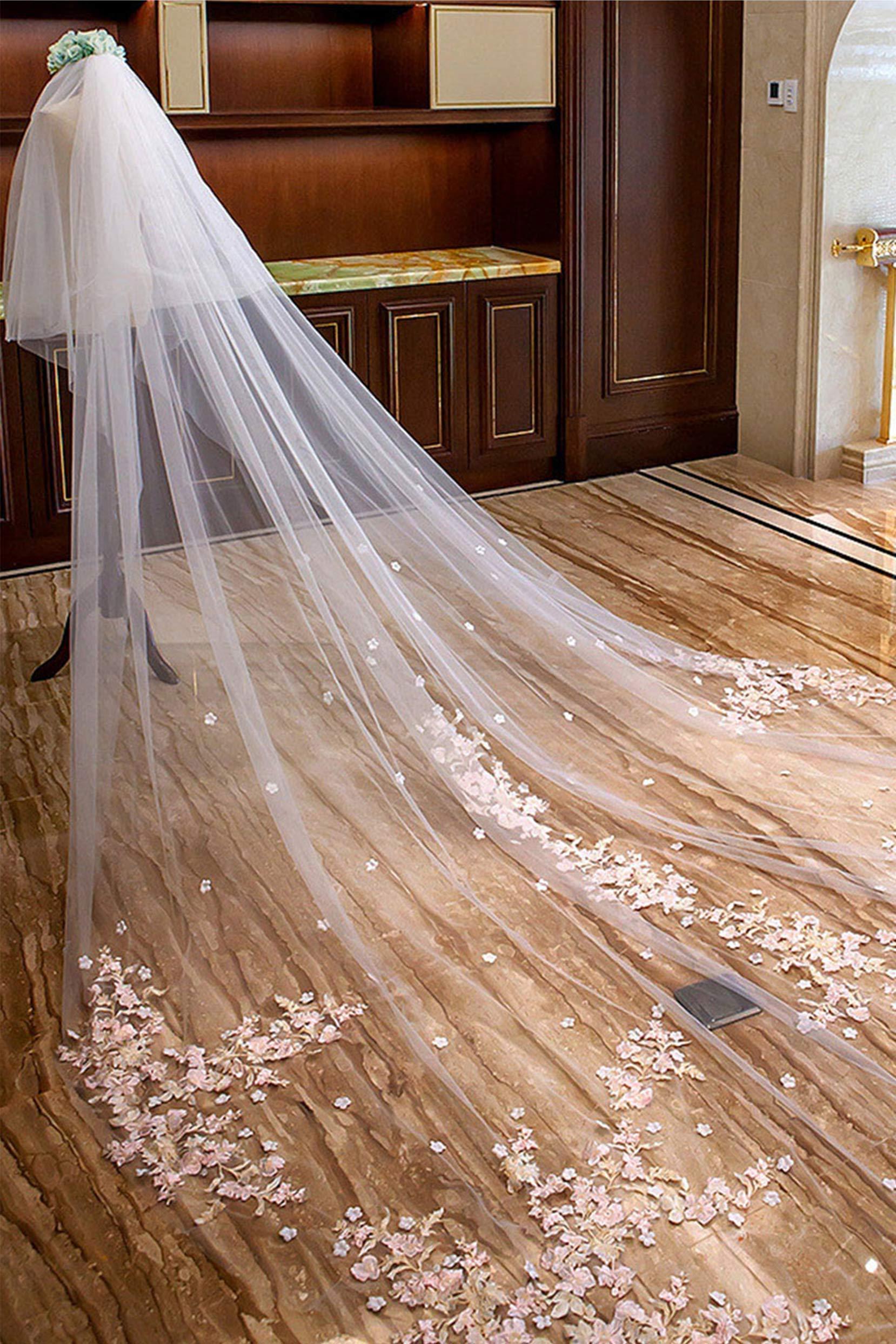 Two-tier Lace Edge Tulle Lace Cathedral Veils with Appliques CV0354 - COCOMELODY