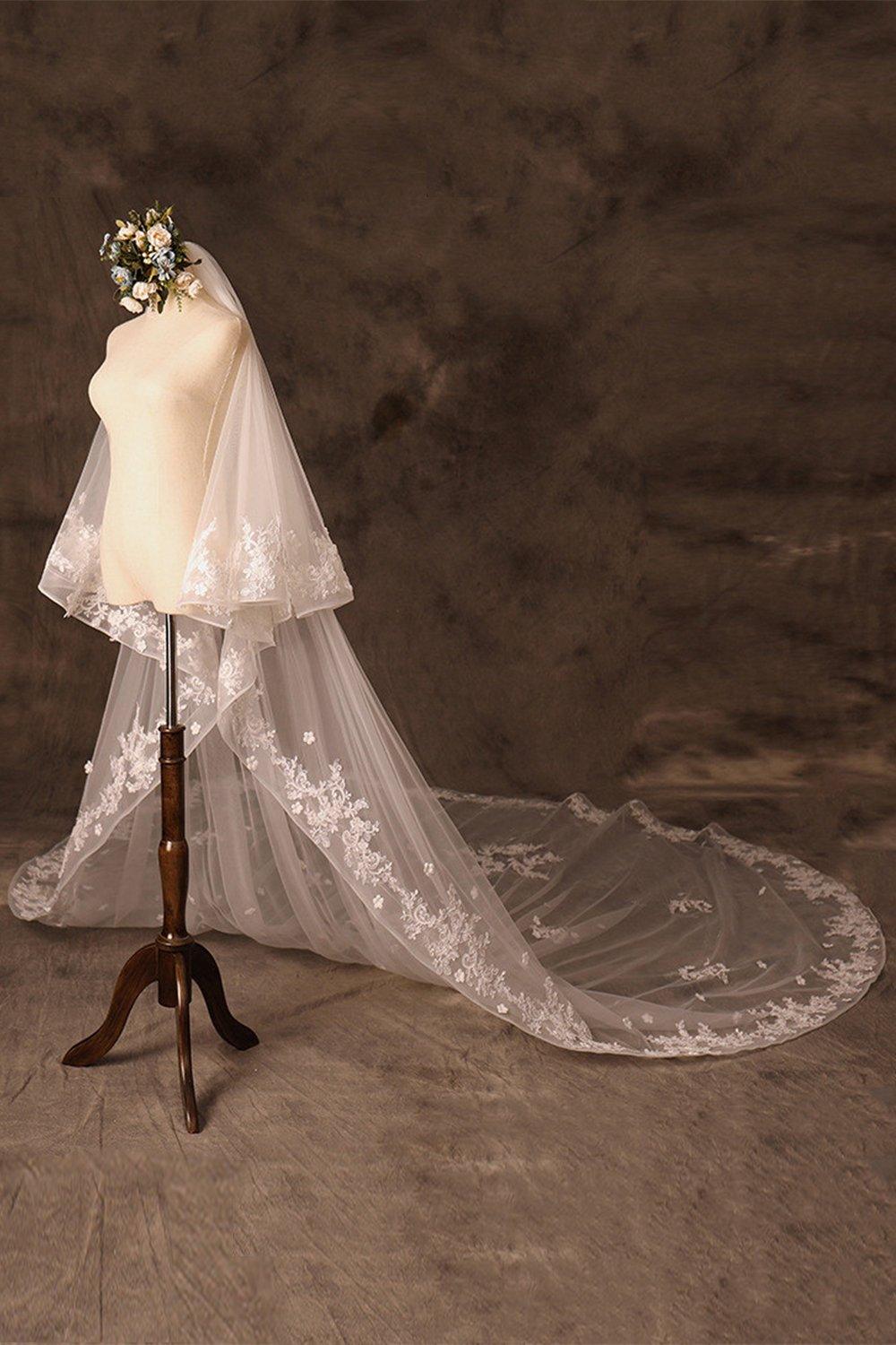 Two-tier Lace Edge Tulle Lace Cathedral Veils with Appliques CV0355 - COCOMELODY