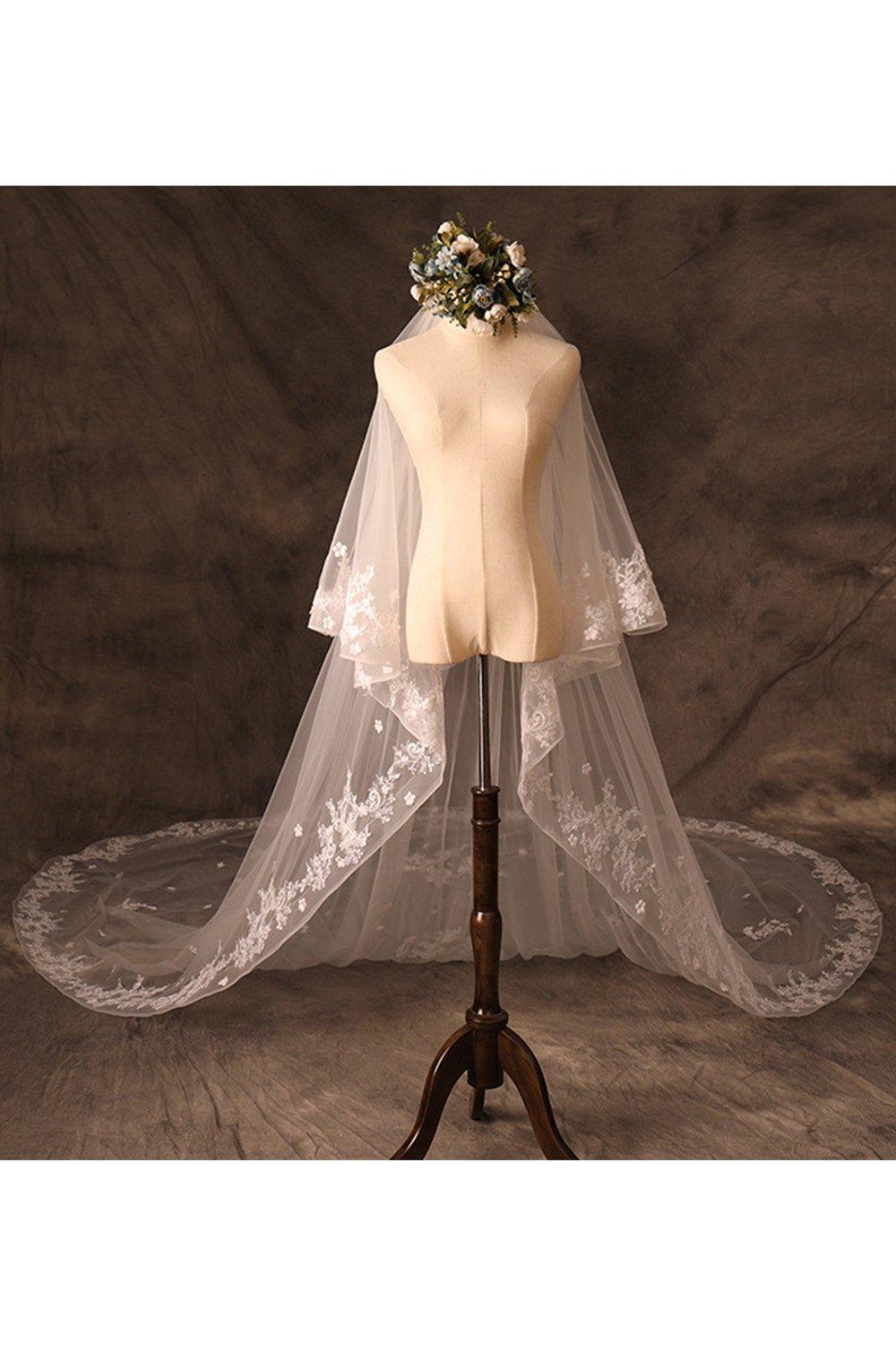 Two-tier Lace Edge Tulle Lace Cathedral Veils with Appliques CV0355 - COCOMELODY