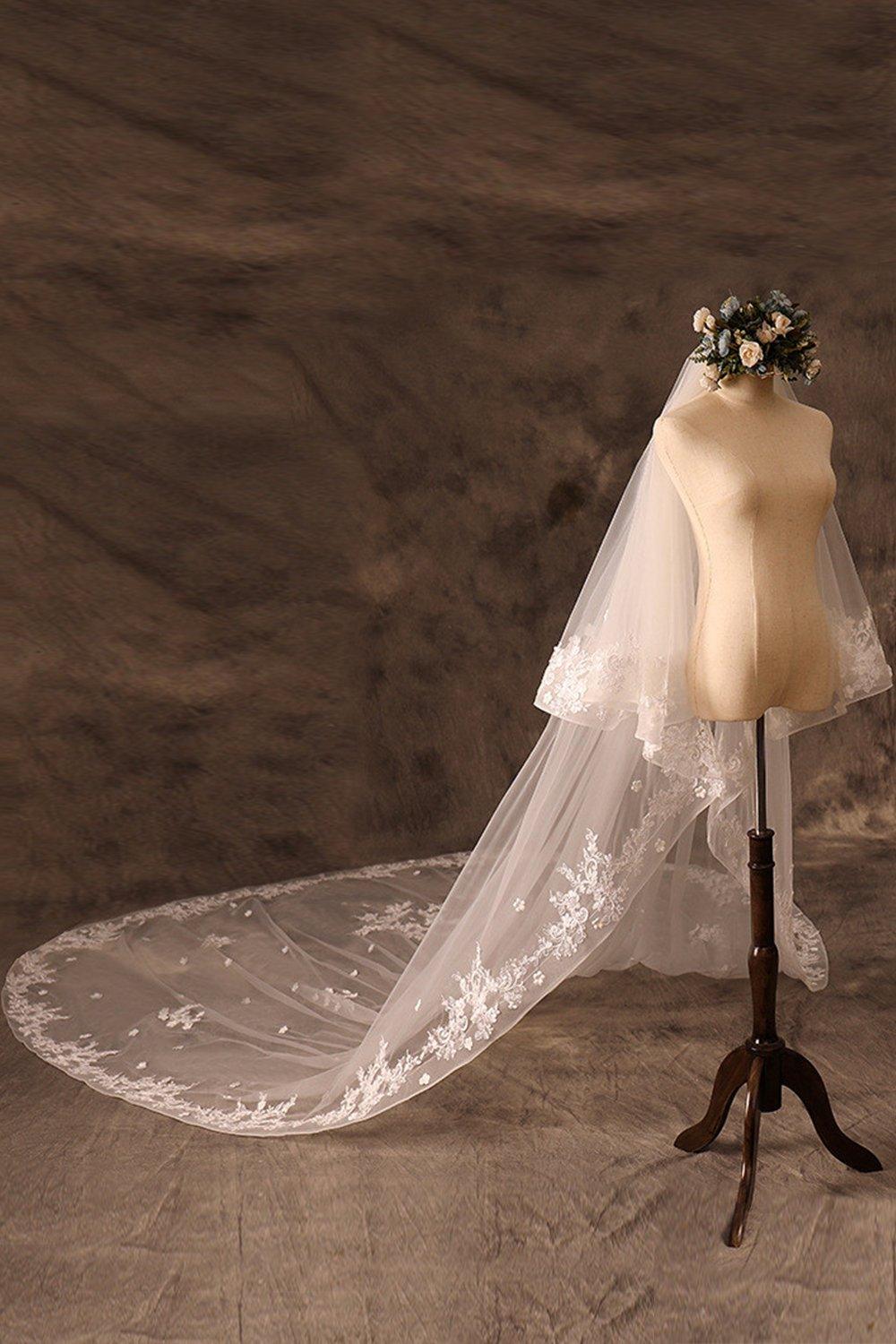 Two-tier Lace Edge Tulle Lace Cathedral Veils with Appliques CV0355 - COCOMELODY