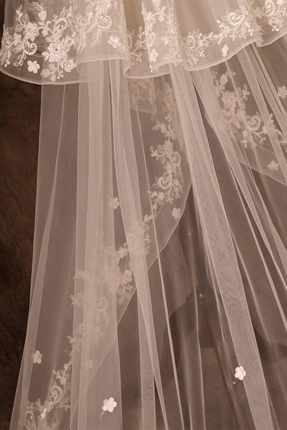 Two-tier Lace Edge Tulle Lace Cathedral Veils with Appliques CV0355 - COCOMELODY