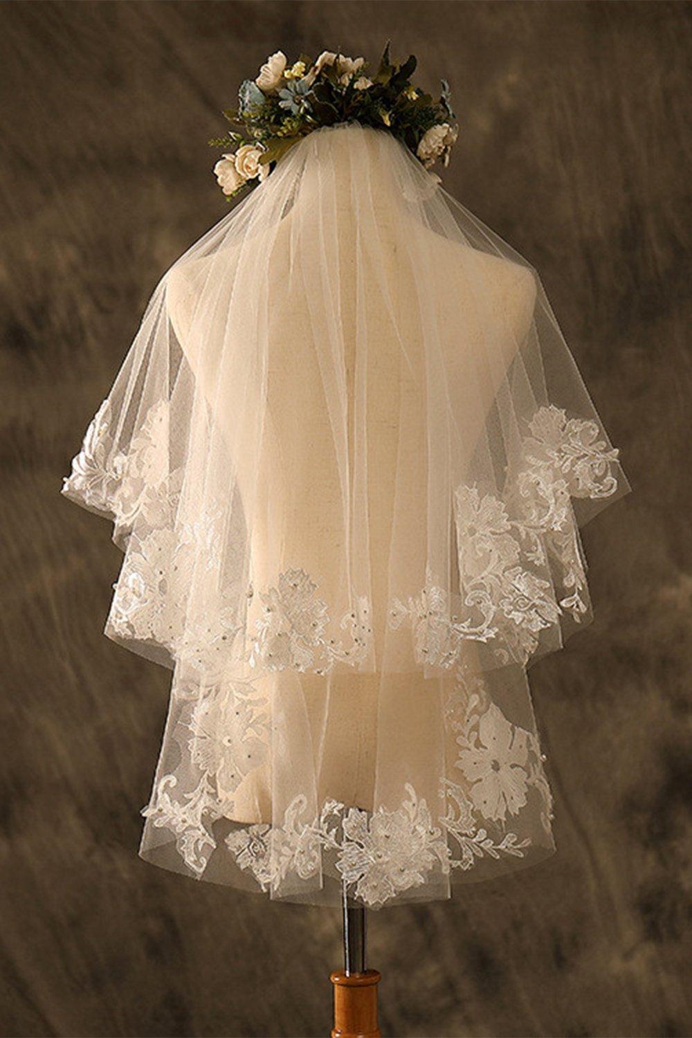 Two-tier Lace Edge Tulle Lace Waist Veils with Pearls CV0356 - COCOMELODY