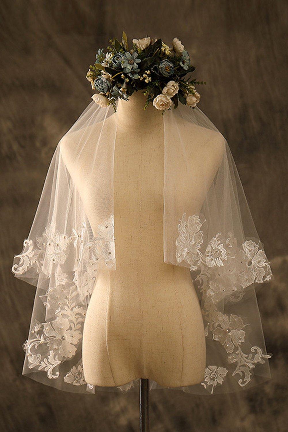 Two-tier Lace Edge Tulle Lace Waist Veils with Pearls CV0356 - COCOMELODY