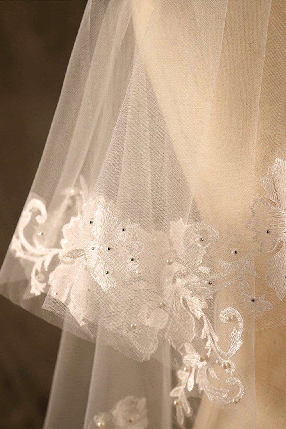 Two-tier Lace Edge Tulle Lace Waist Veils with Pearls CV0356 - COCOMELODY