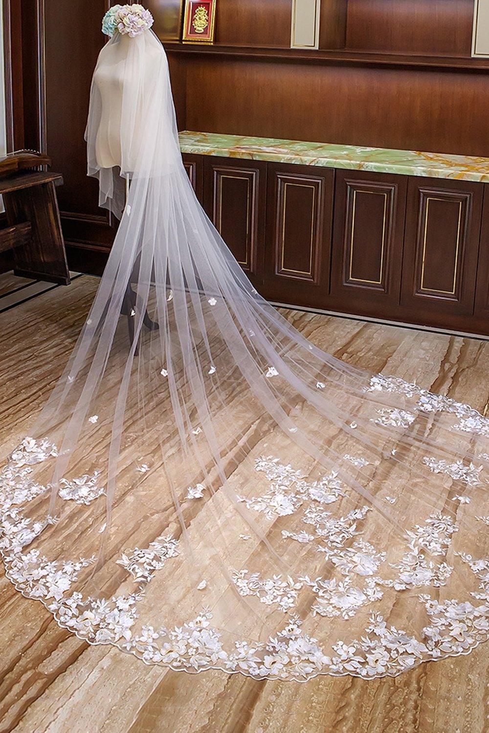 Two-tier Lace Edge Tulle Lace Cathedral Veils with Appliques CV0357 - COCOMELODY