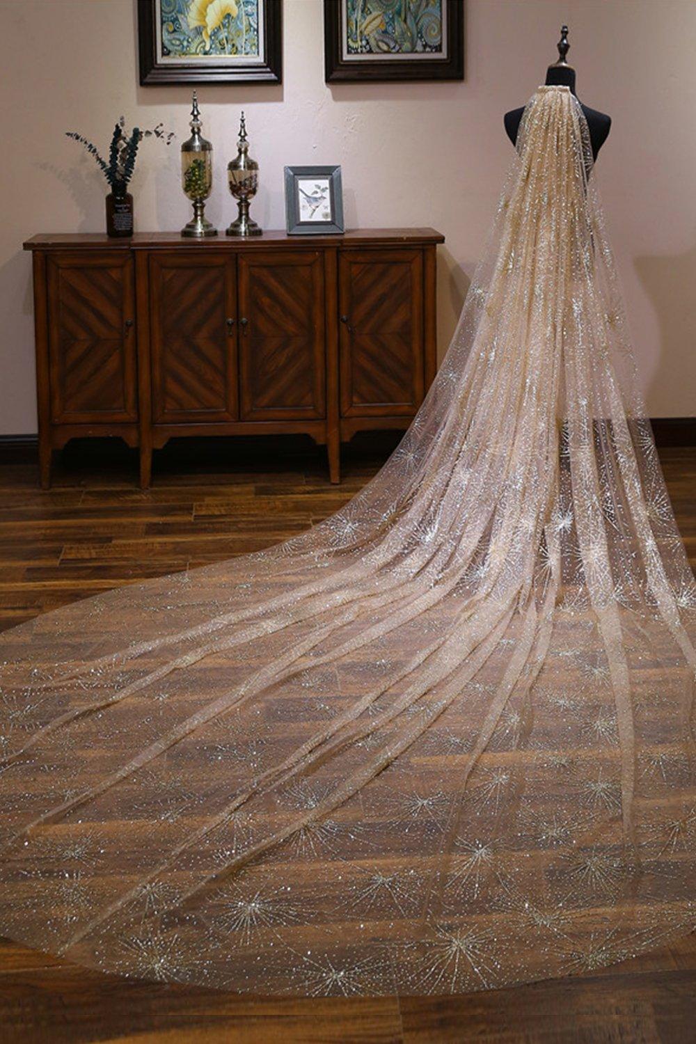One-tier Cut Edge Tulle Cathedral Veils with Glitter Powder CV0360 - COCOMELODY