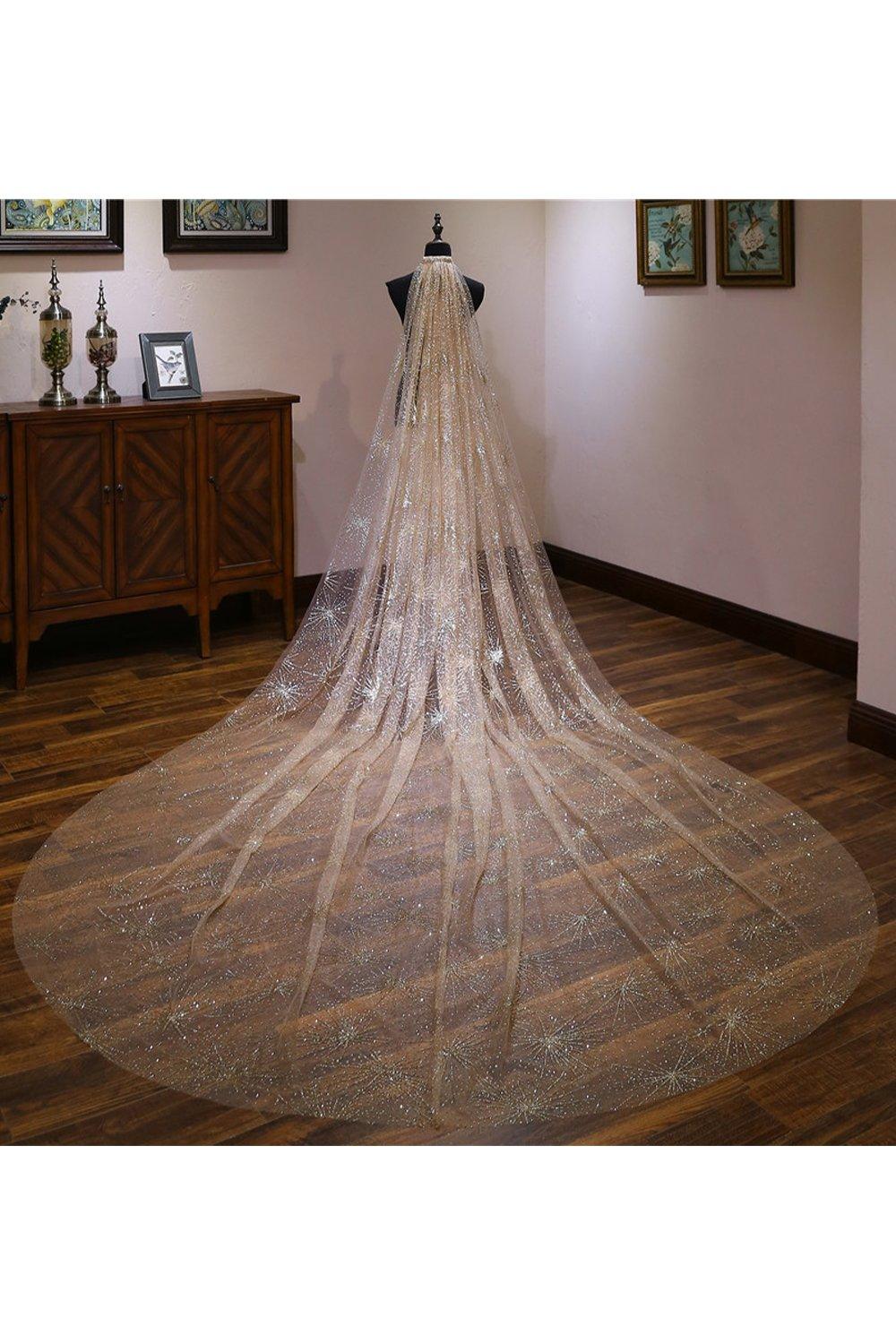 One-tier Cut Edge Tulle Cathedral Veils with Glitter Powder CV0360 - COCOMELODY