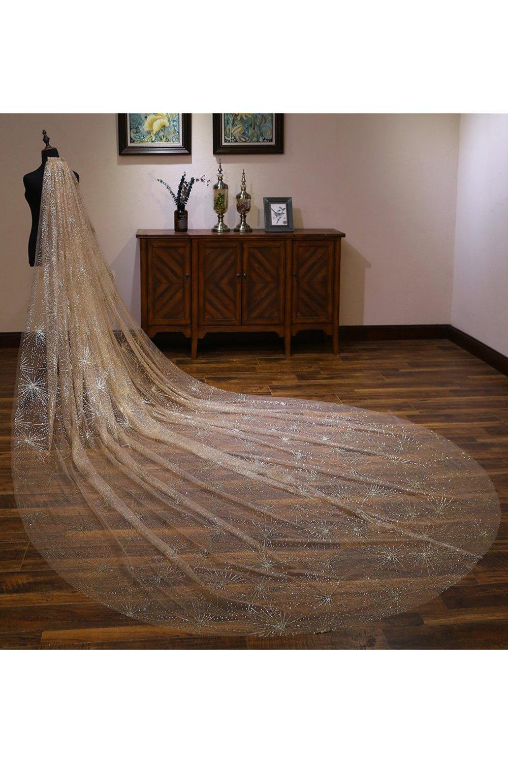One-tier Cut Edge Tulle Cathedral Veils with Glitter Powder CV0360 - COCOMELODY