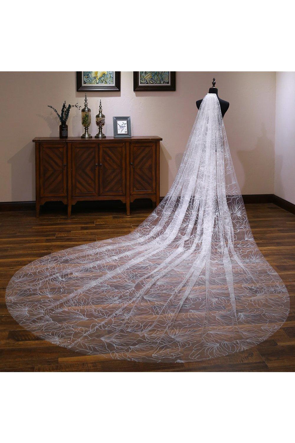 One-tier Cut Edge Tulle Cathedral Veils with Glitter Powder CV0363 - COCOMELODY