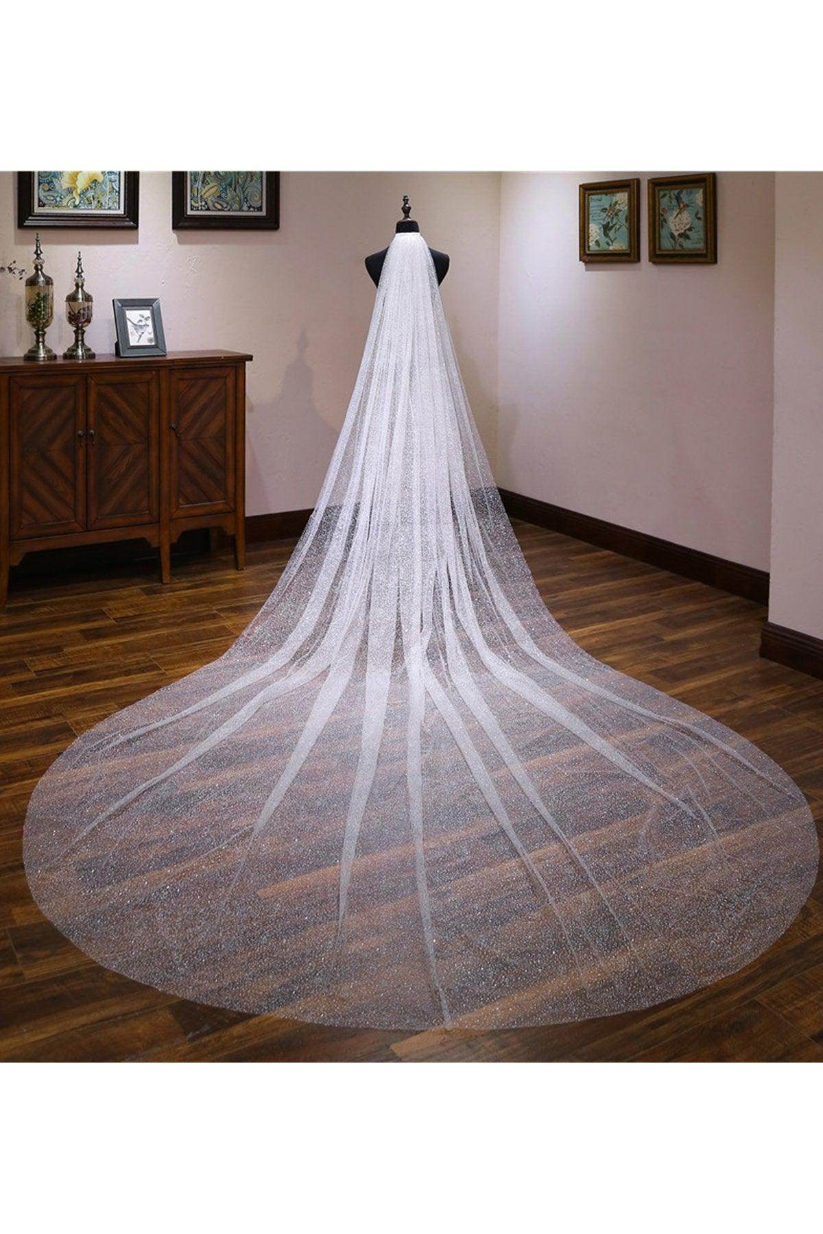 One-tier Cut Edge Tulle Cathedral Veils with Glitter Powder CV0365 - COCOMELODY