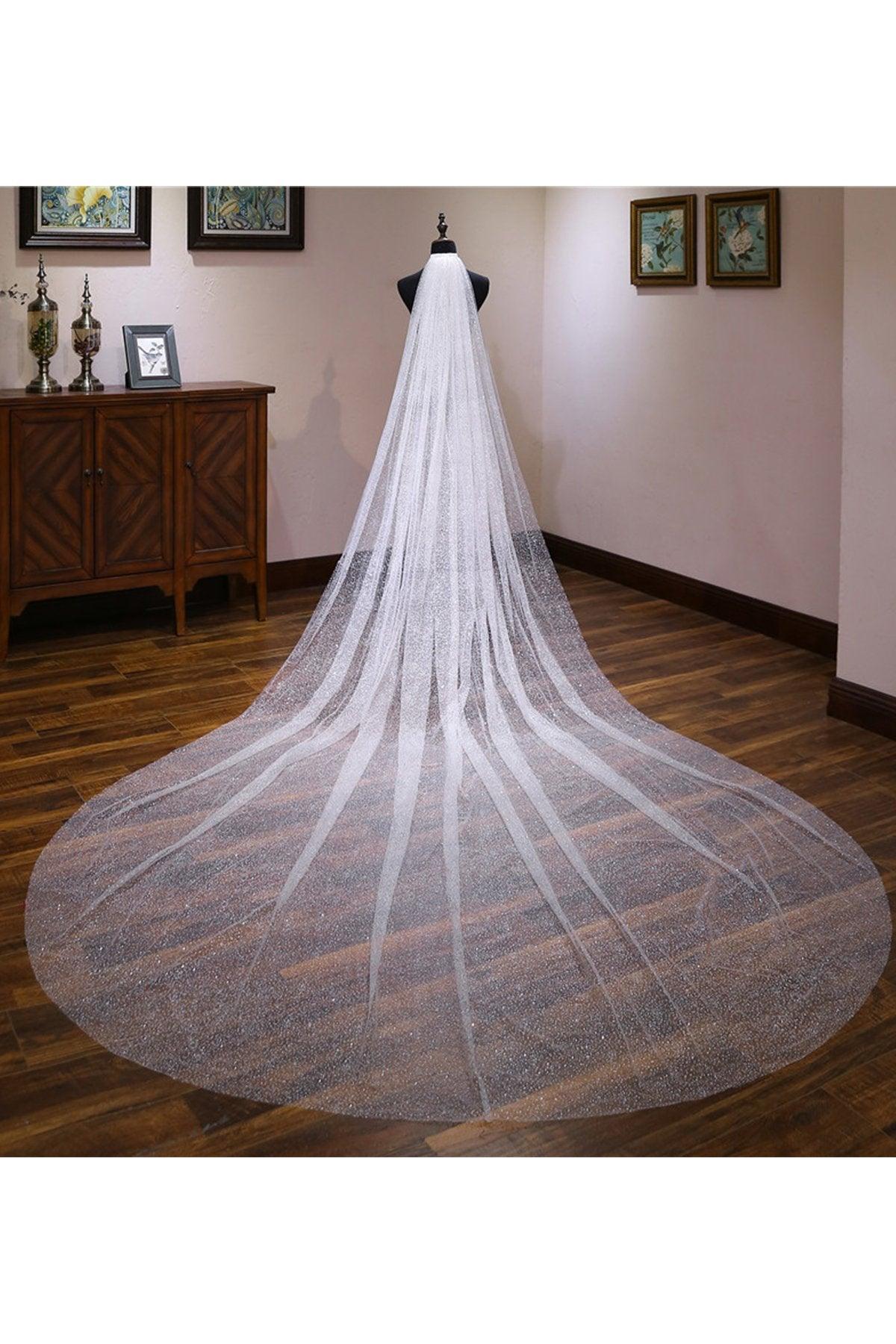 One-tier Cut Edge Tulle Cathedral Veils with Glitter Powder CV0365 - COCOMELODY