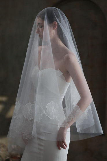 One-tier Cut Edge Tulle Lace Chapel Veils with Appliques CV0368 - COCOMELODY
