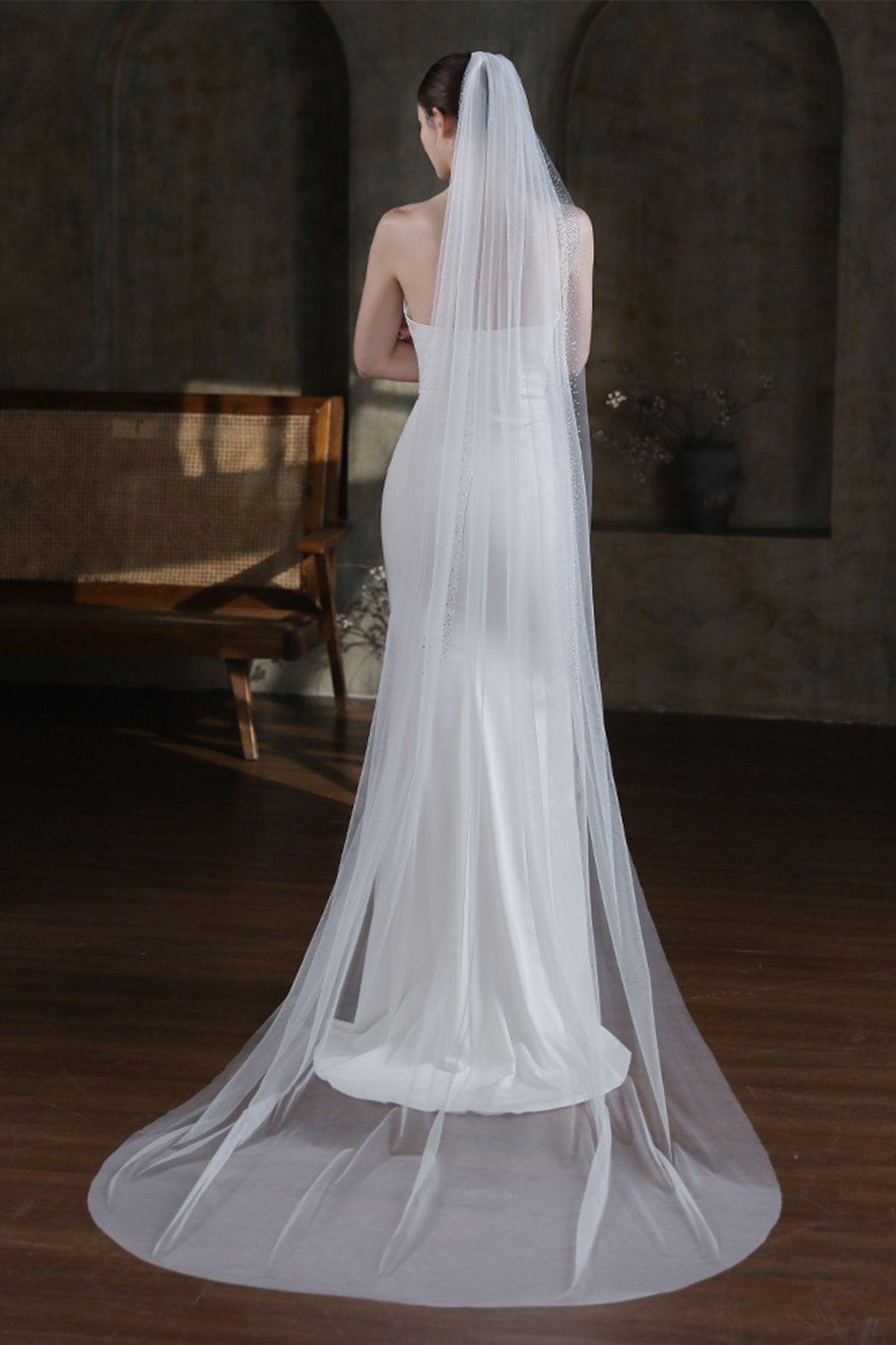 One-tier Cut Edge Tulle Cathedral Veils with Rhinestone CV0369 - COCOMELODY