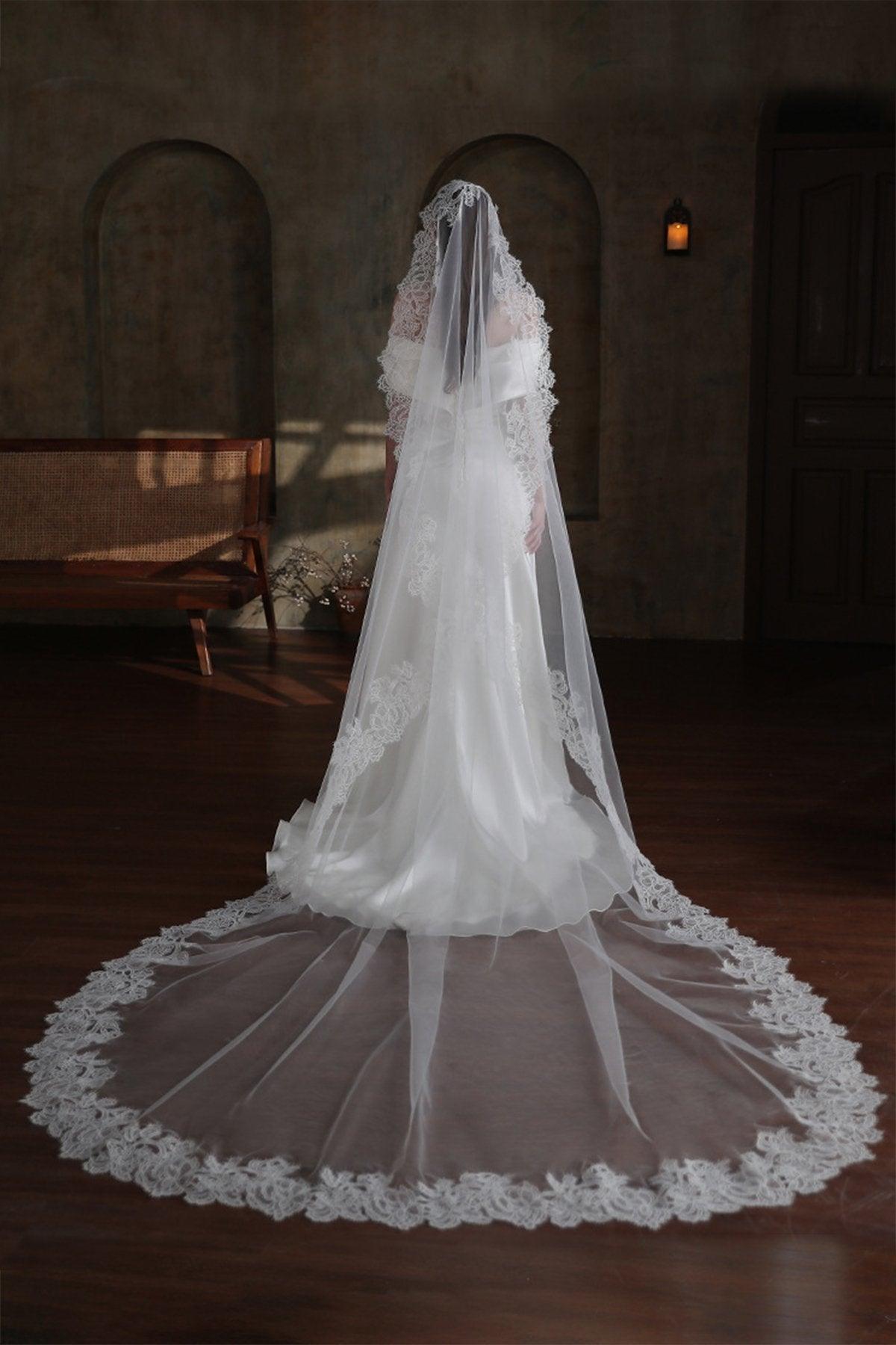One-tier Lace Edge Tulle Lace Cathedral Veils with CV0373 - COCOMELODY