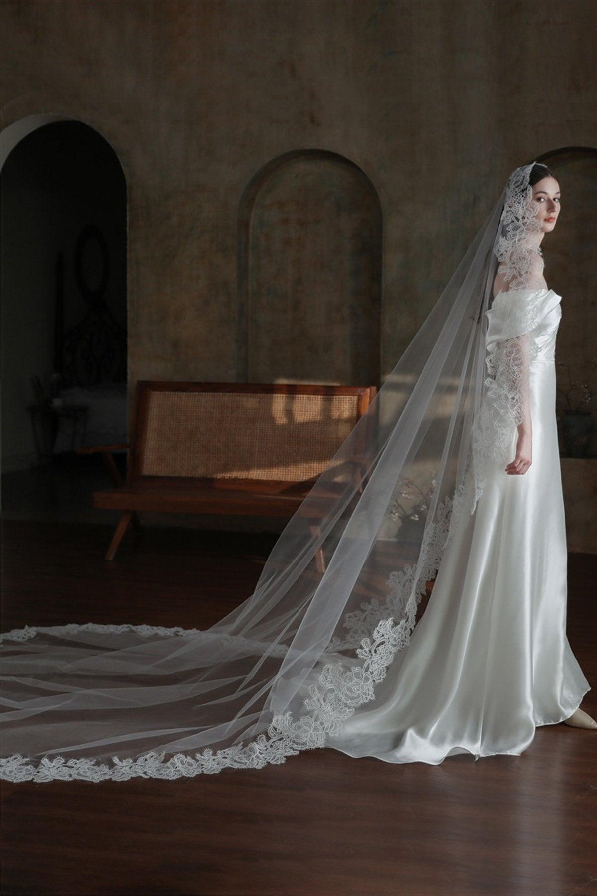 One-tier Lace Edge Tulle Lace Cathedral Veils with CV0373 - COCOMELODY