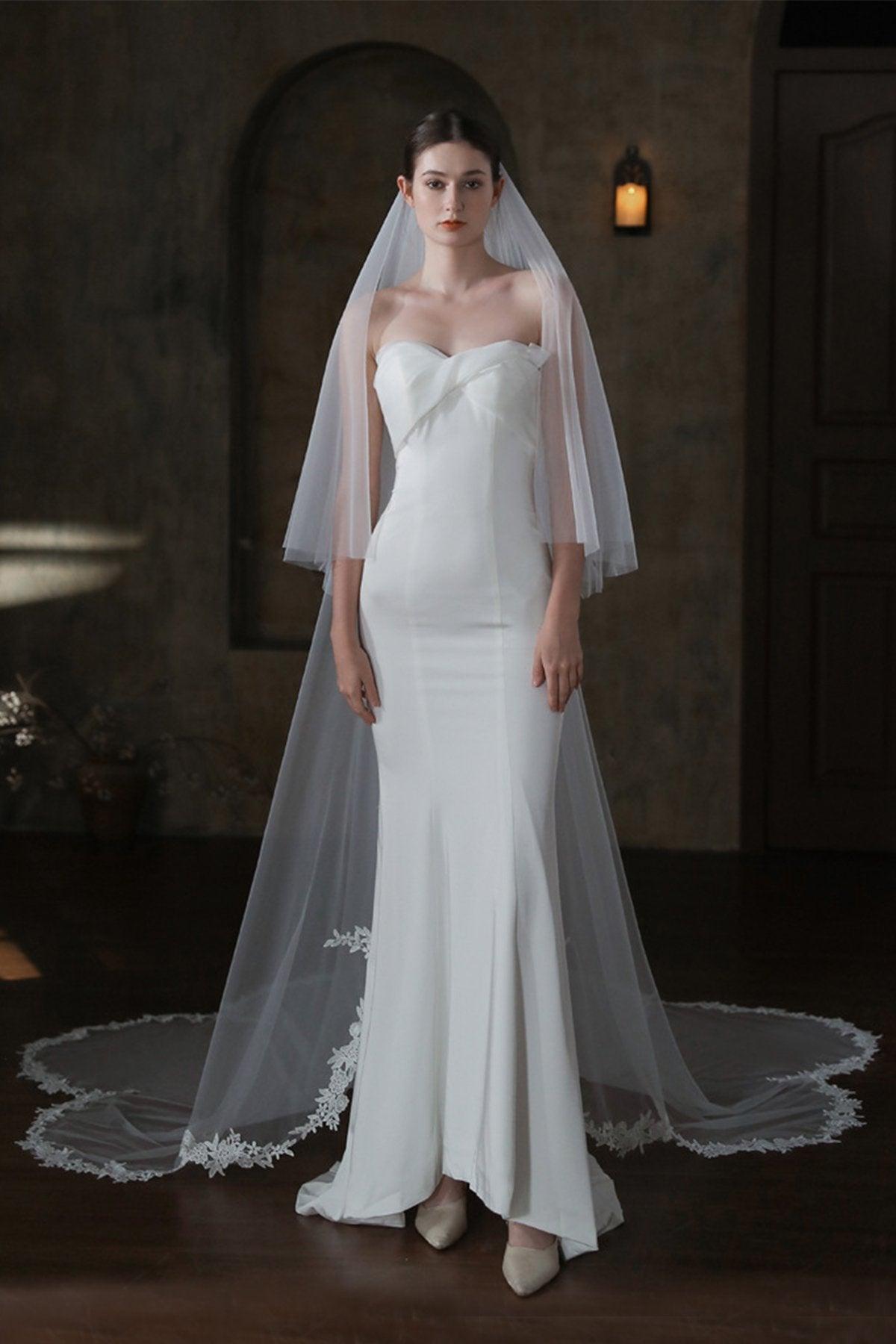 Two-tier Lace Edge Tulle Lace Chapel Veils with CV0374 - COCOMELODY