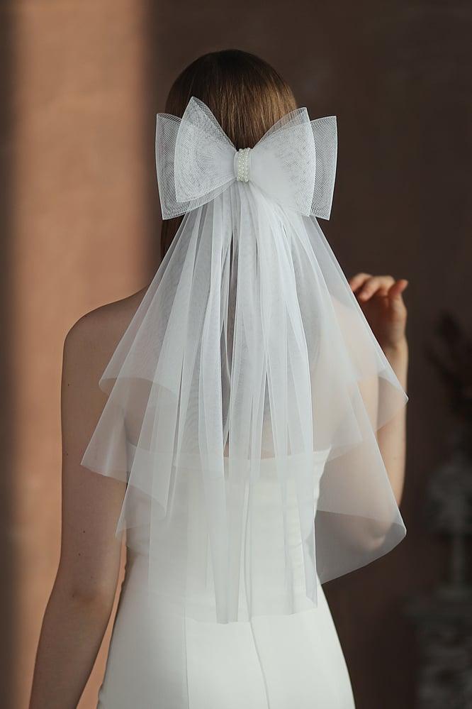 Two-tier Cut Edge Tulle Waist Veils with Bow CV0376 - COCOMELODY