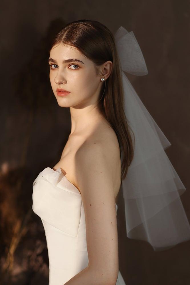 Two-tier Cut Edge Tulle Waist Veils with Bow CV0376 - COCOMELODY