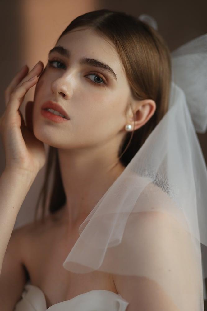 Two-tier Cut Edge Tulle Waist Veils with Bow CV0376 - COCOMELODY