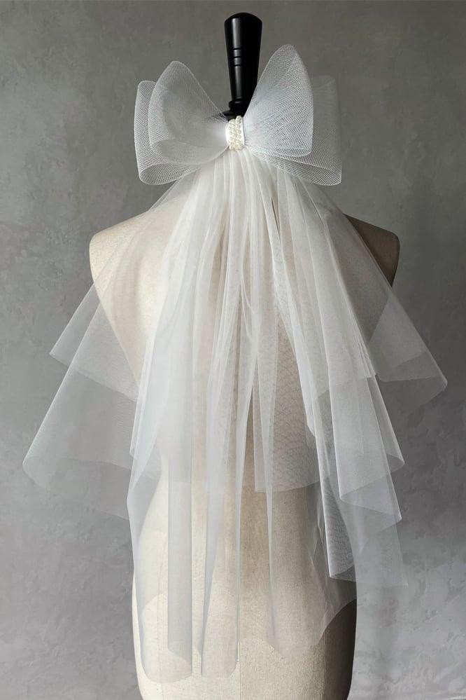 Two-tier Cut Edge Tulle Waist Veils with Bow CV0376 - COCOMELODY