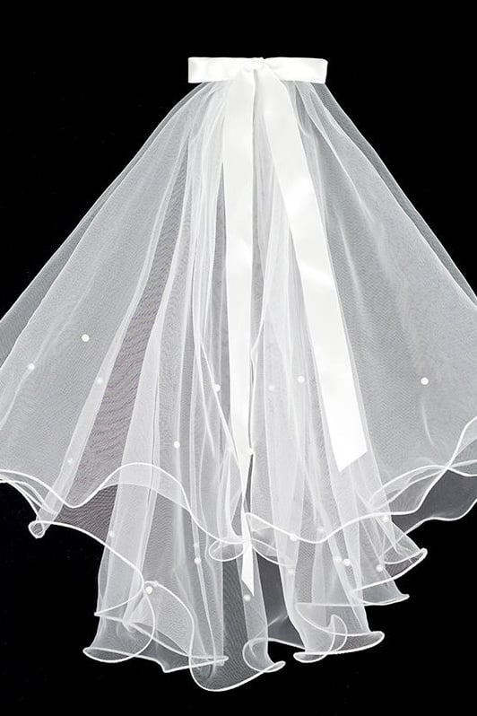 Two-tier Pencil Edge Tulle Shoulder Veils with Bow Pearls CV0381