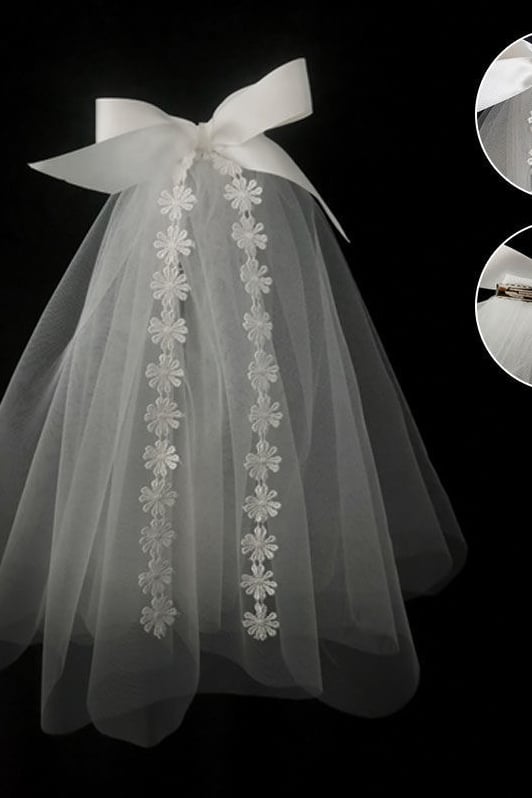 Two-tier Cut Edge Lace Tulle Shoulder Veils with Bow CV0393