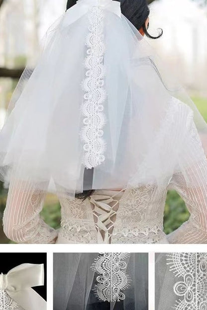 Two-tier Cut Edge Lace Tulle Shoulder Veils with Bow CV0394