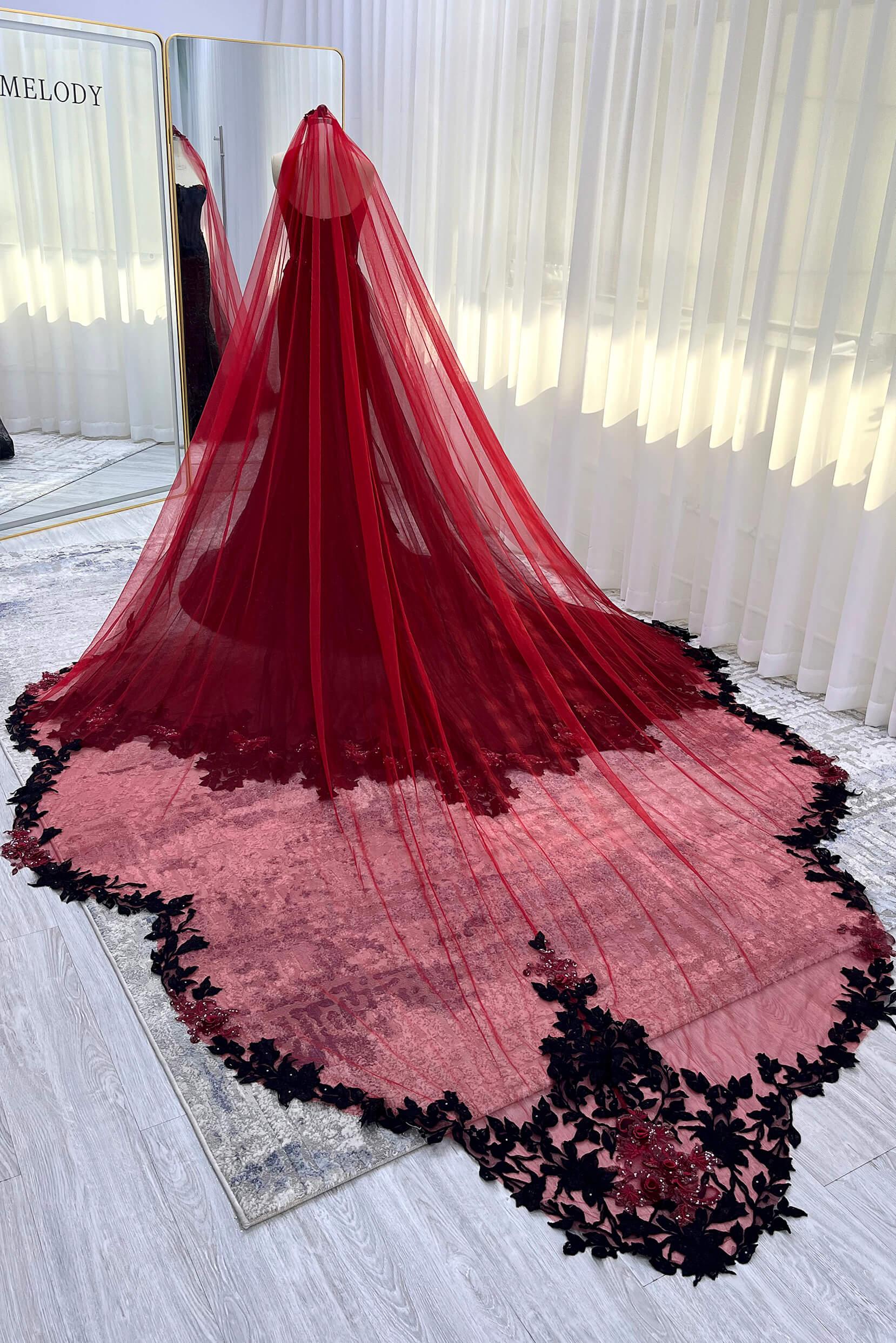 One-tier Lace Edge Tulle Cathedral Veils with Appliques CV0399 - COCOMELODY
