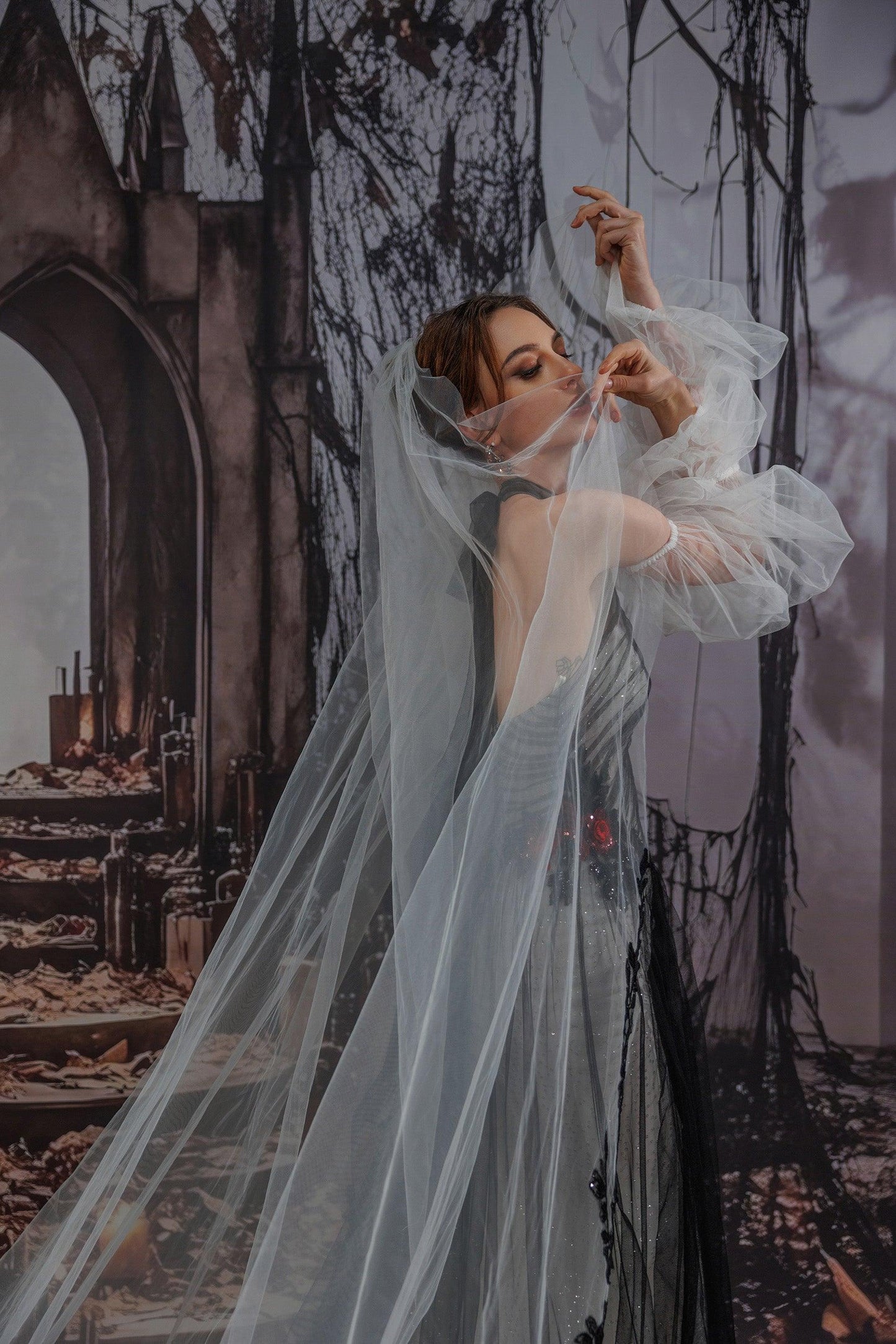 One-tier Lace Edge Tulle Cathedral Veils with Appliques Sequin CV0401 - COCOMELODY