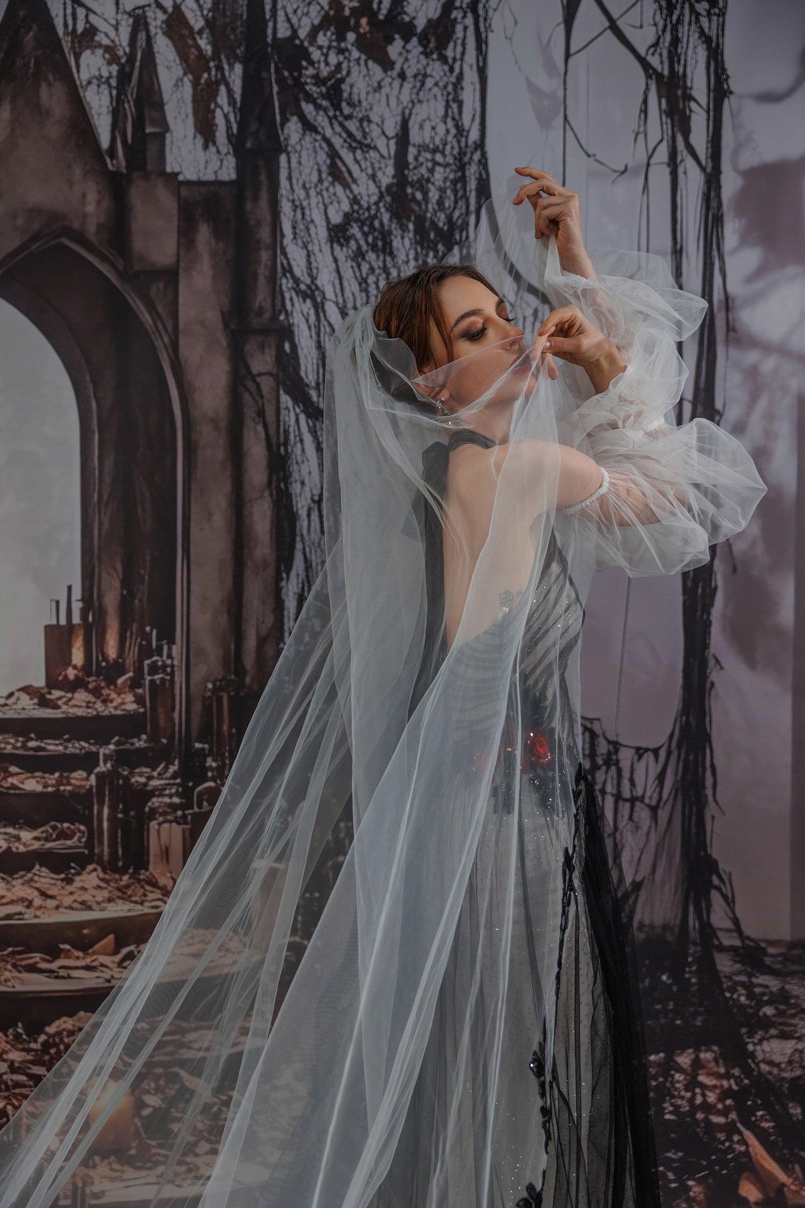 One-tier Lace Edge Tulle Cathedral Veils with Appliques Sequin CV0401 - COCOMELODY