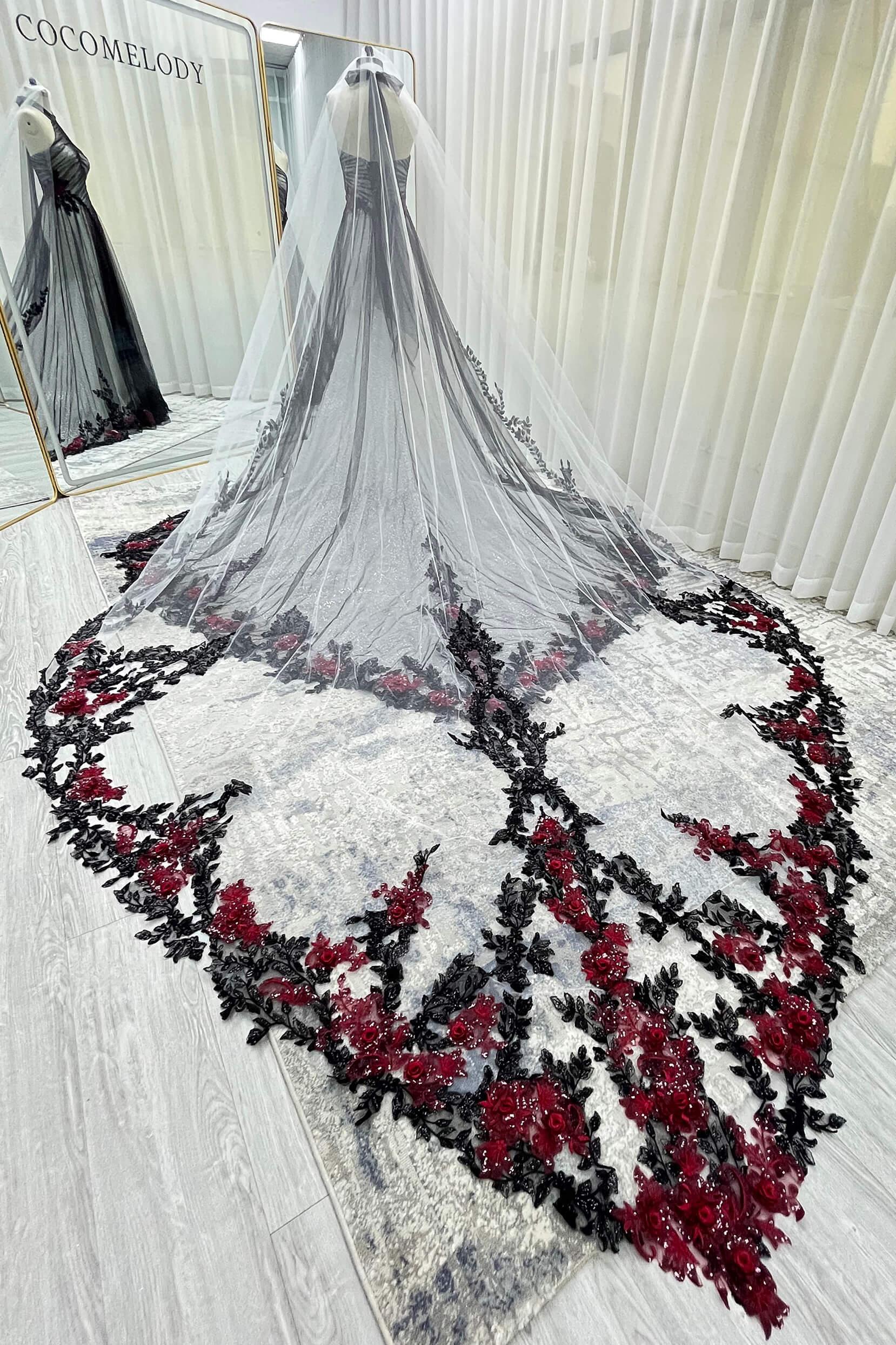 One-tier Lace Edge Tulle Cathedral Veils with Appliques Sequin CV0401 - COCOMELODY