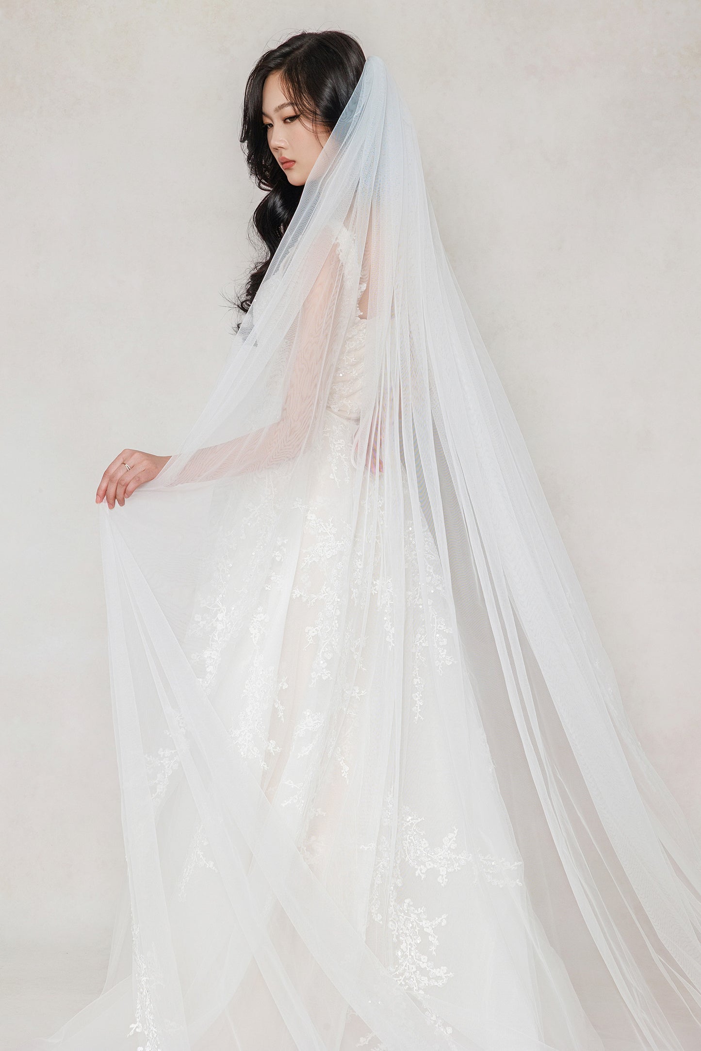 One-tier Lace Edge Tulle Chapel Veils with Appliques CV0402