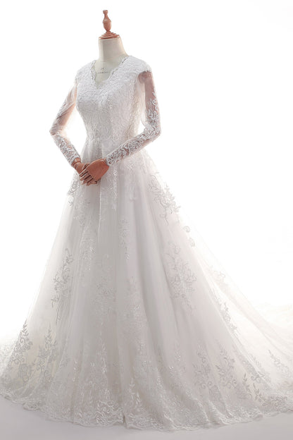 A-Line Court Train Satin Tulle Lace Wedding Dress CW2452