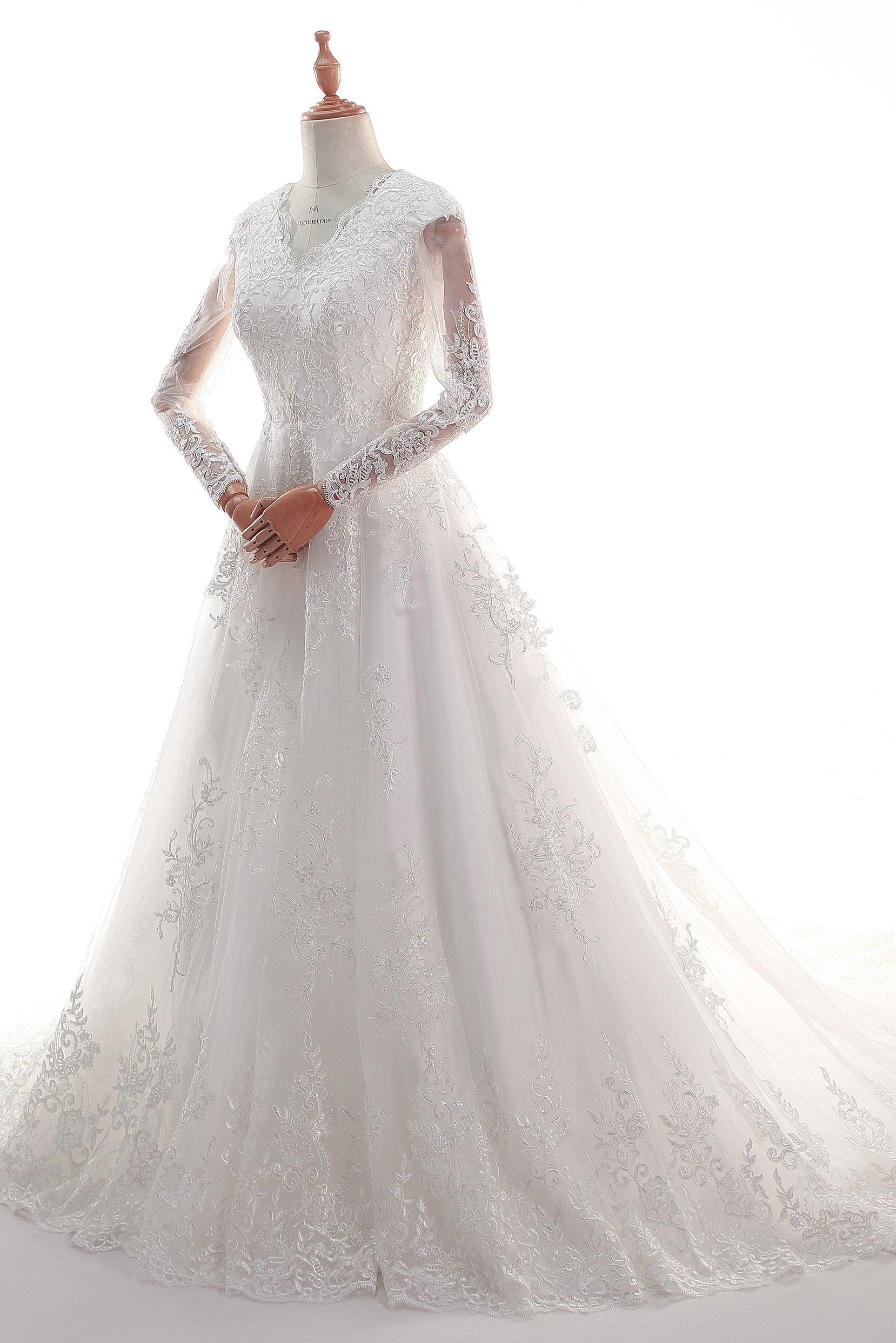 A-Line Court Train Satin Tulle Lace Wedding Dress CW2452 - COCOMELODY