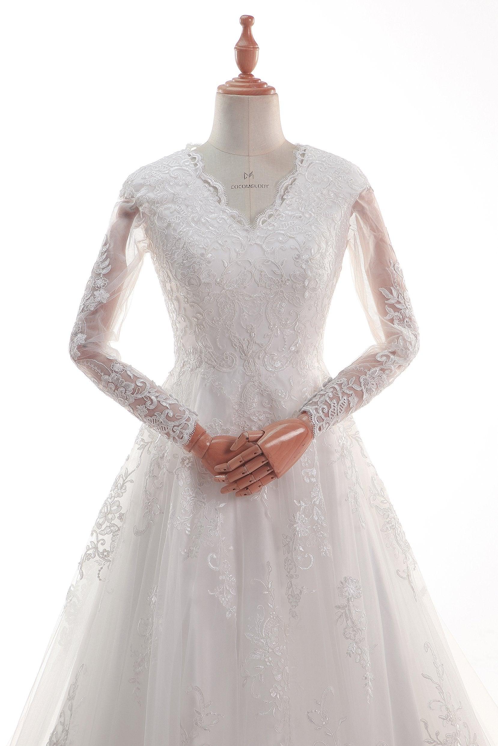 A-Line Court Train Satin Tulle Lace Wedding Dress CW2452 - COCOMELODY
