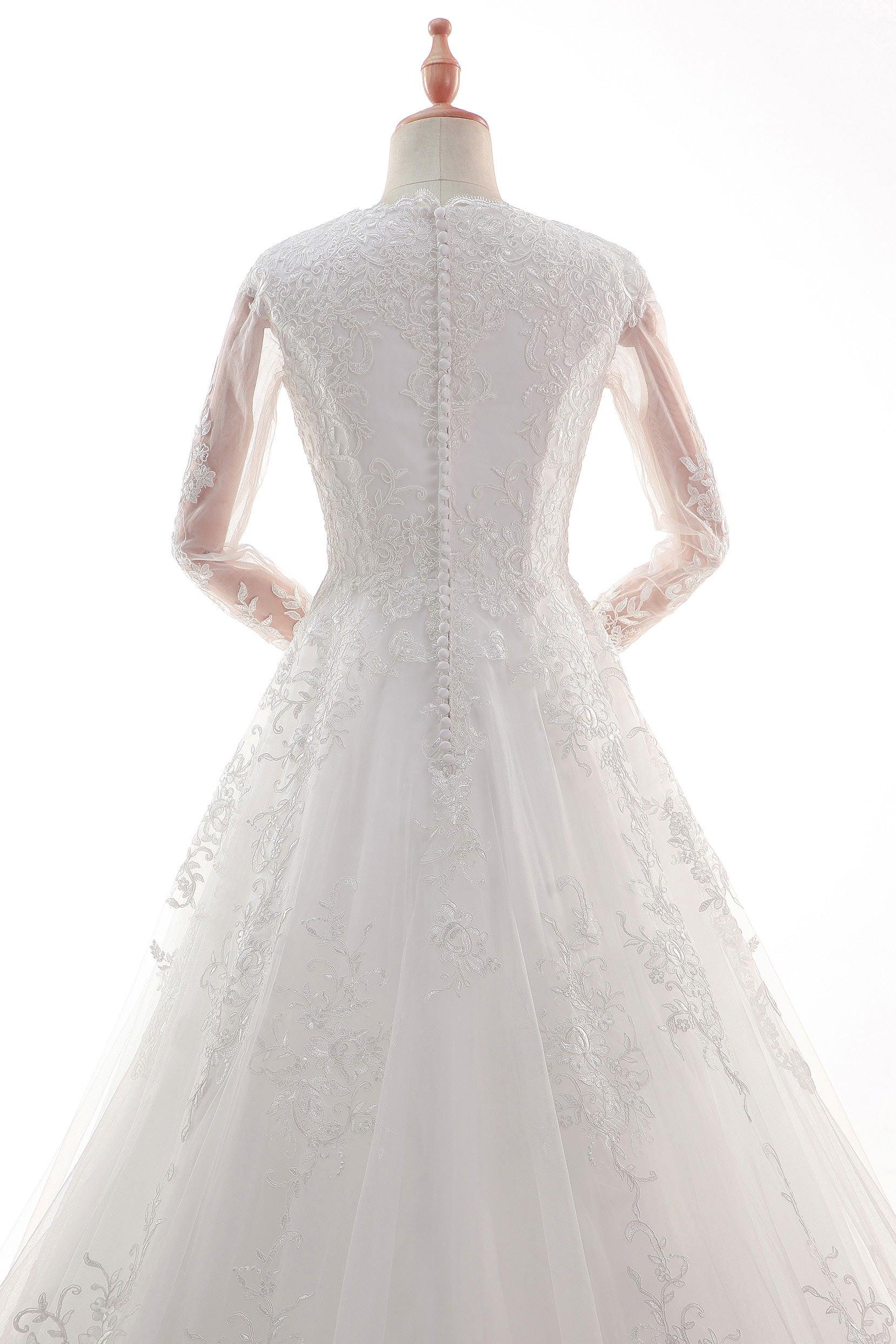 A-Line Court Train Satin Tulle Lace Wedding Dress CW2452 - COCOMELODY