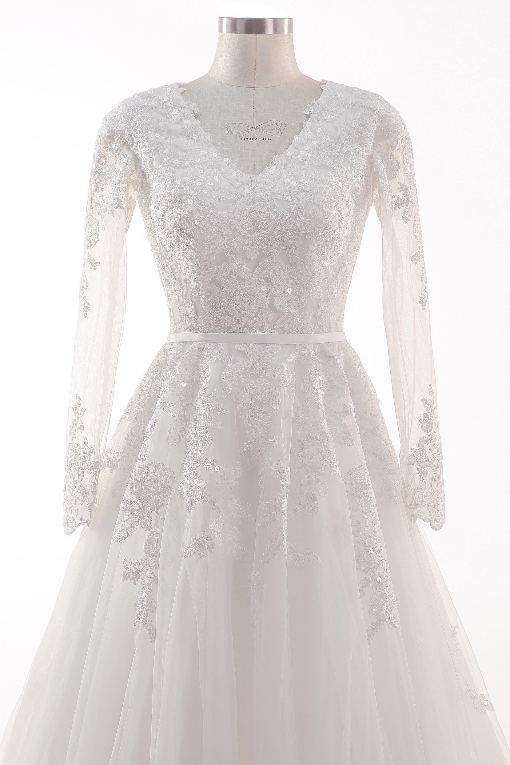 A-Line Court Train Tulle Lace Wedding Dress CW2455 - COCOMELODY