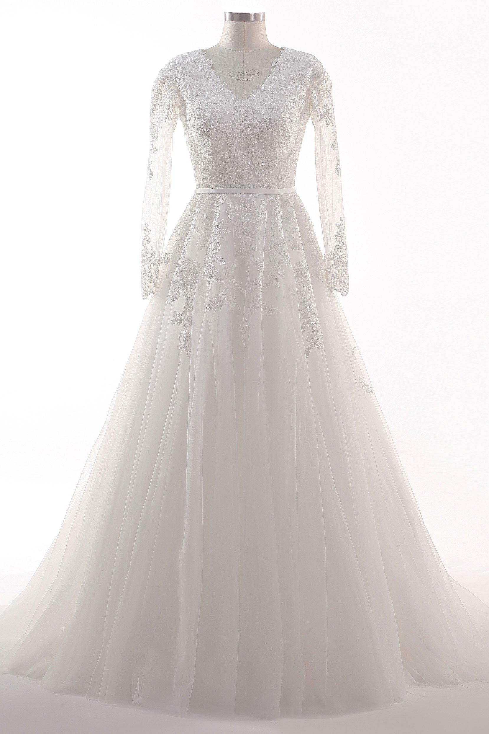 A-Line Court Train Tulle Lace Wedding Dress CW2455 - COCOMELODY