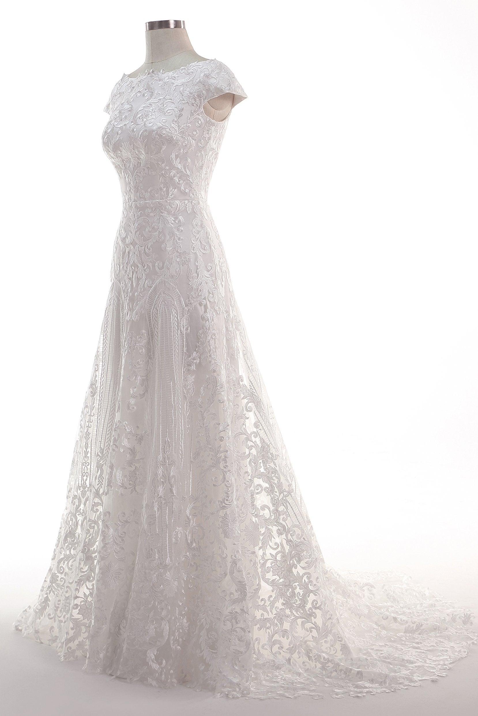 Sheath-Column Sweep Train Tulle Lace Wedding Dress CW2457 - COCOMELODY