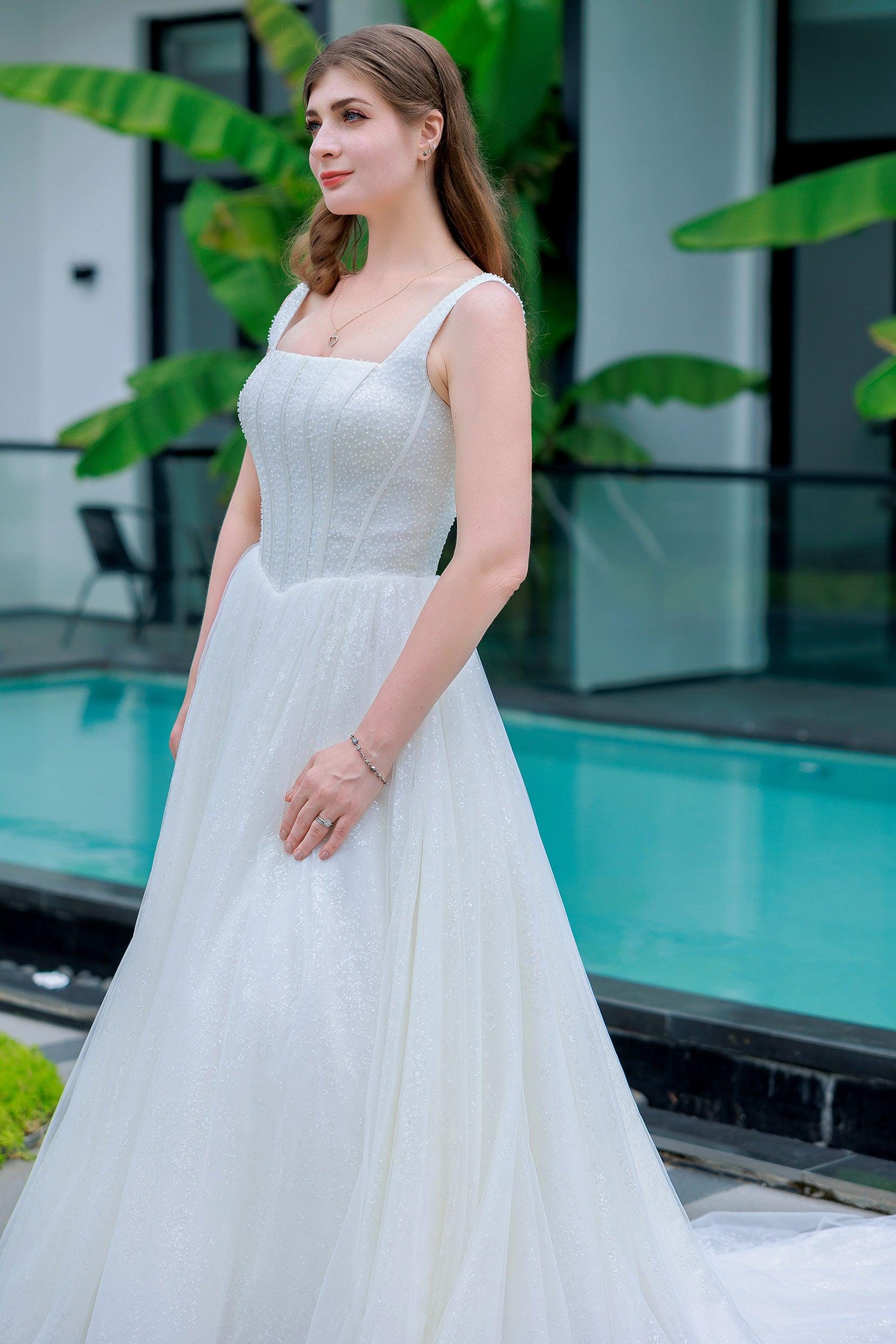 A-Line Chapel Train Glitter Wedding Dress CW3323 - COCOMELODY