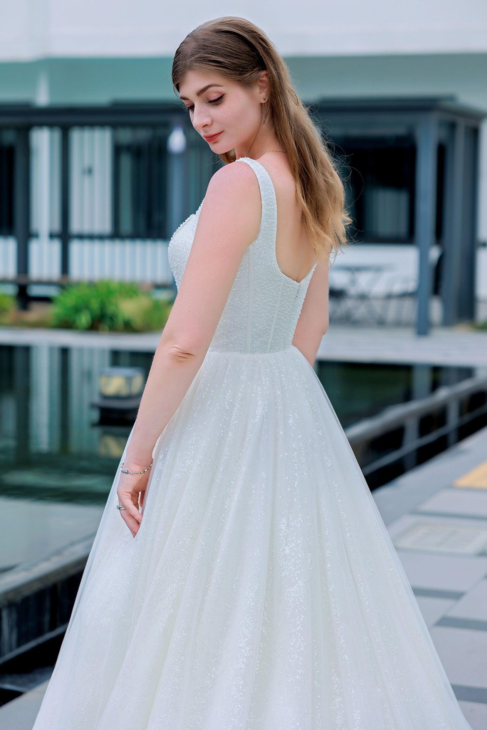 A-Line Chapel Train Glitter Wedding Dress CW3323 - COCOMELODY
