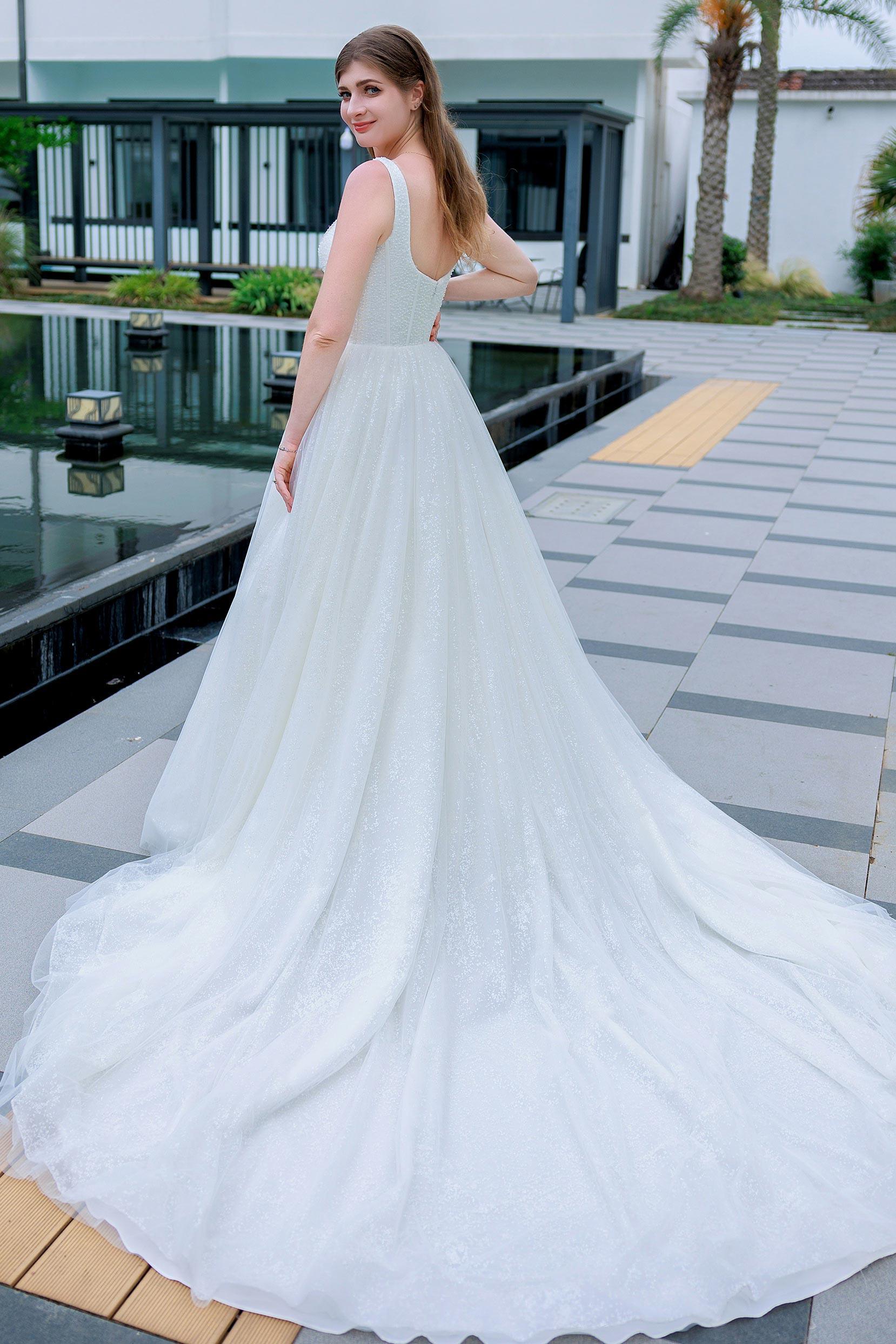A-Line Chapel Train Glitter Wedding Dress CW3323 - COCOMELODY