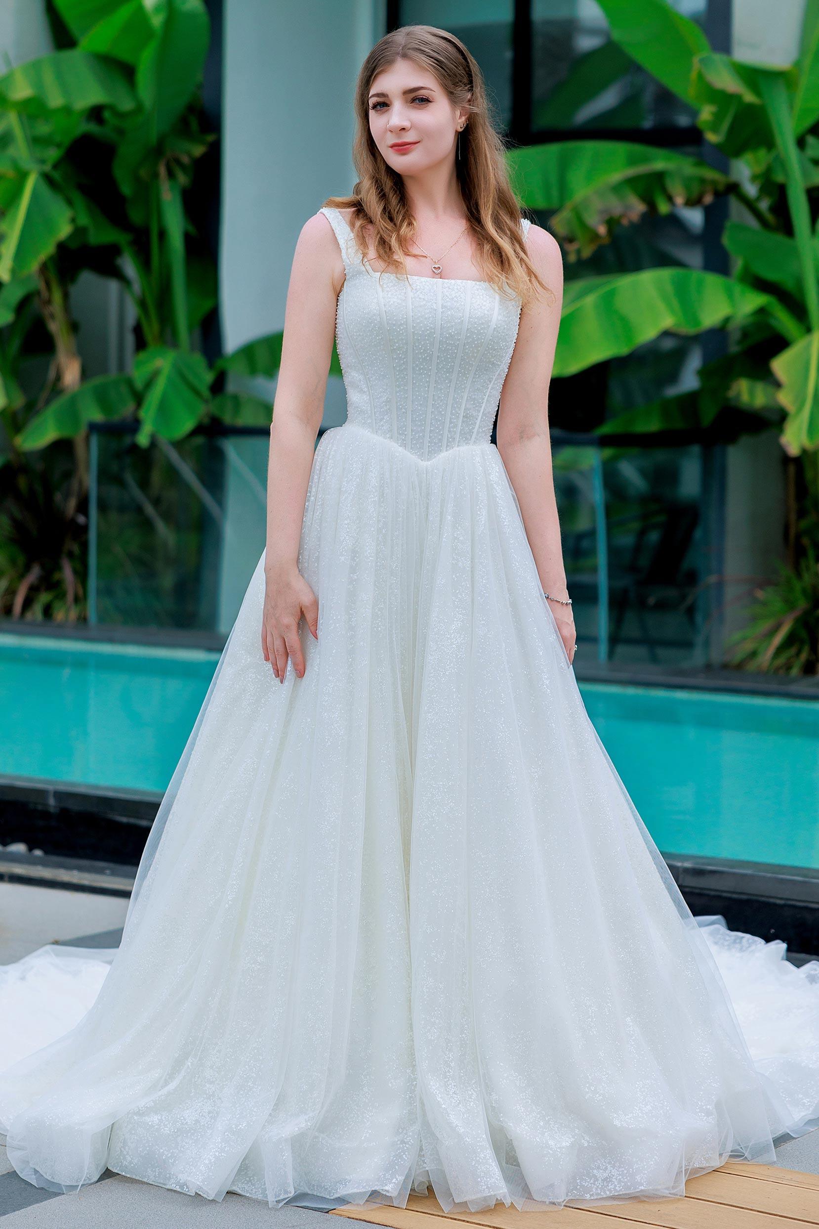 A-Line Chapel Train Glitter Wedding Dress CW3323 - COCOMELODY