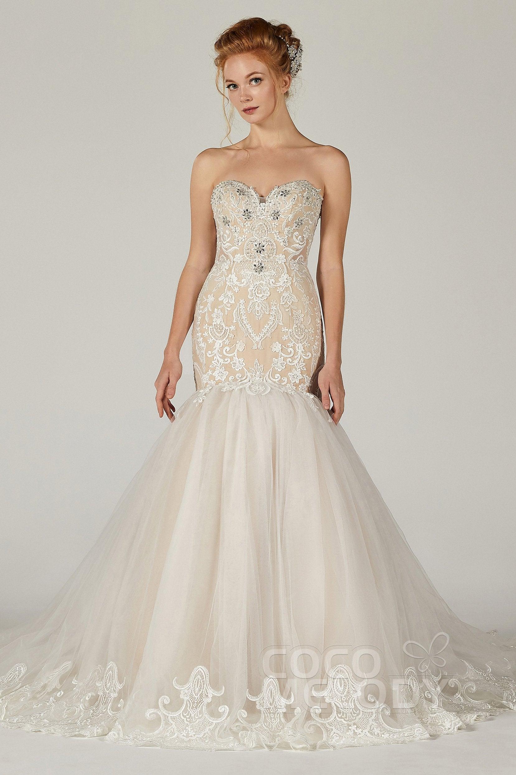 Trumpet Court Train Tulle Elastic Satin Wedding Dress CW2120 - COCOMELODY