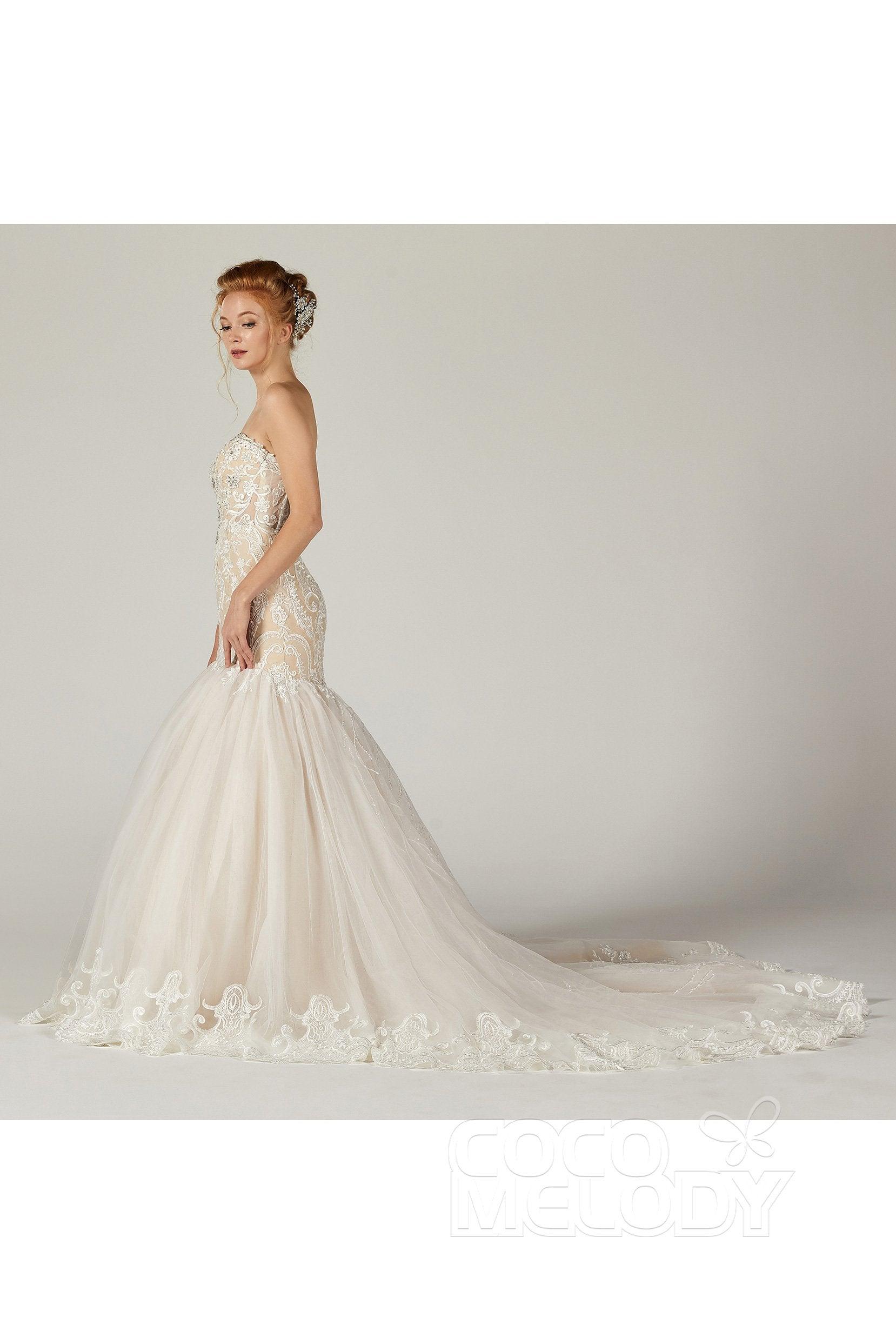 Trumpet Court Train Tulle Elastic Satin Wedding Dress CW2120 - COCOMELODY