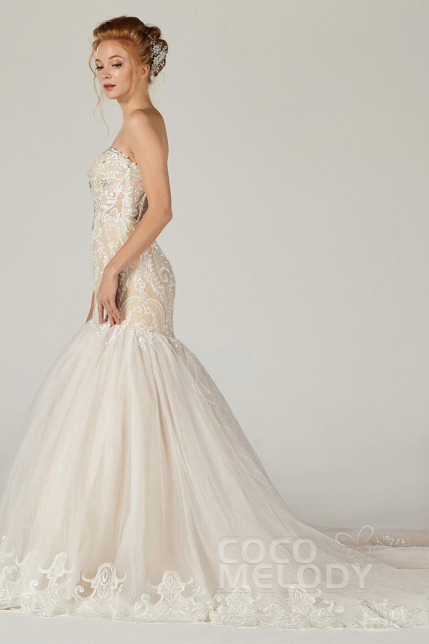 Trumpet Court Train Tulle Elastic Satin Wedding Dress CW2120 - COCOMELODY