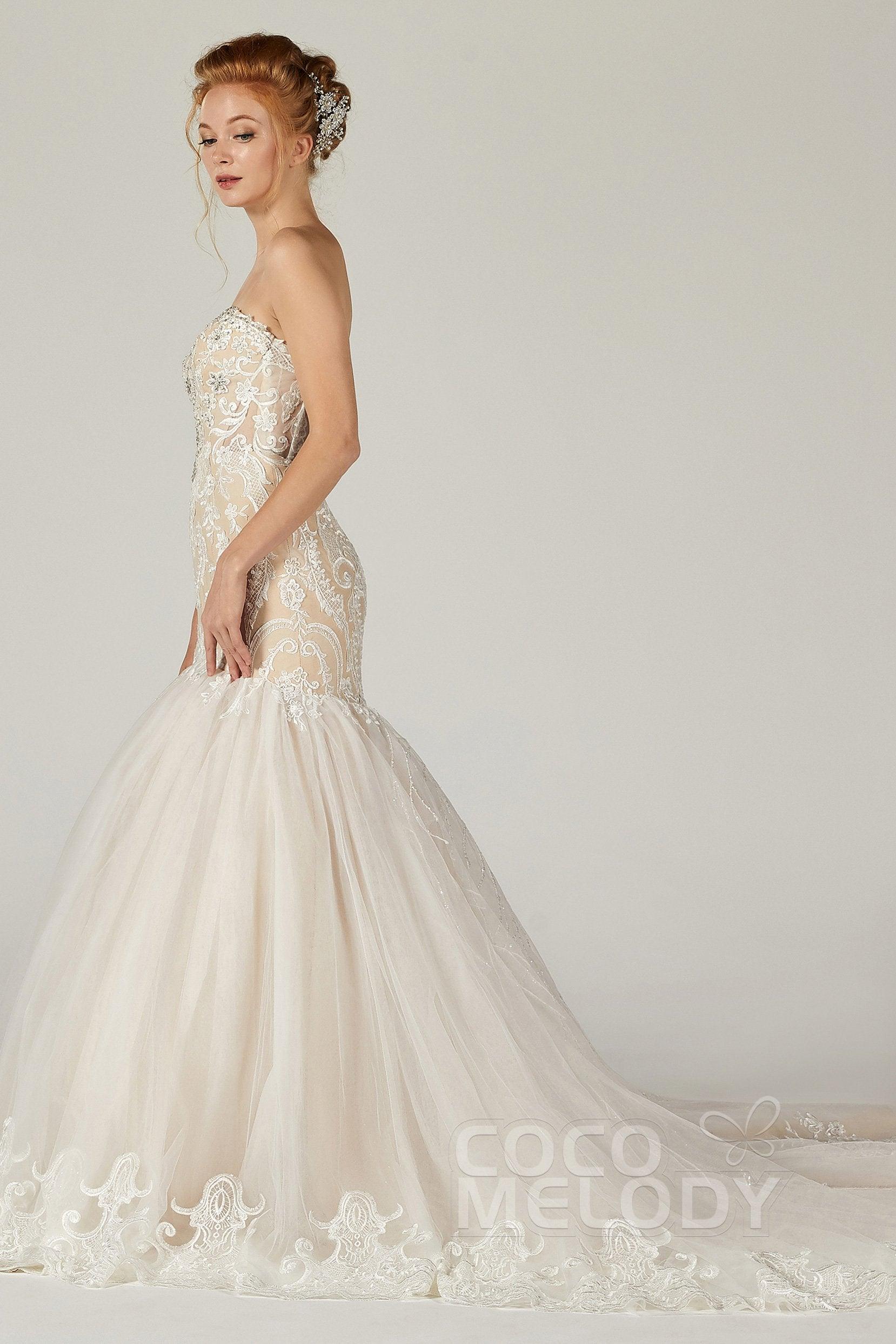Trumpet Court Train Tulle Elastic Satin Wedding Dress CW2120 - COCOMELODY
