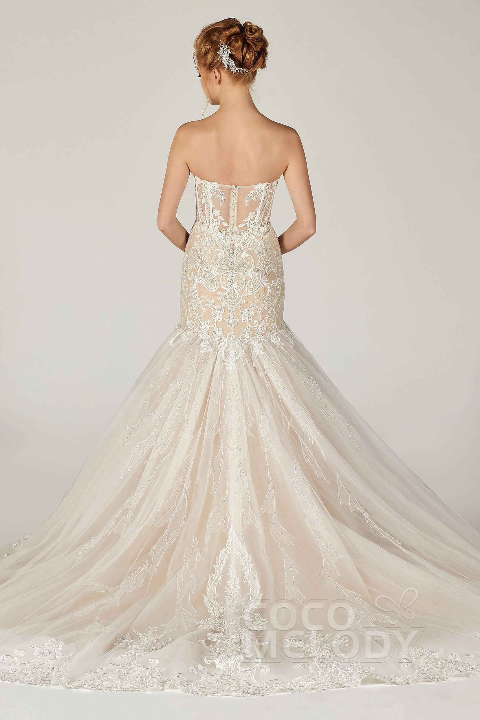 Trumpet Court Train Tulle Elastic Satin Wedding Dress CW2120 - COCOMELODY
