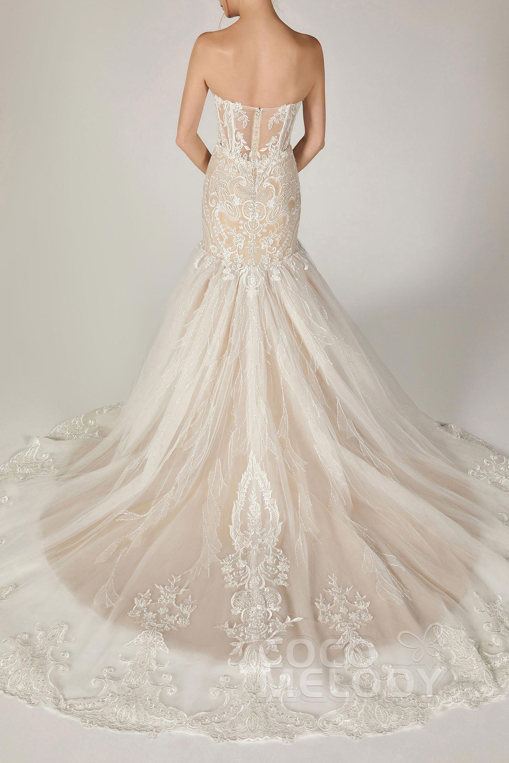 Trumpet Court Train Tulle Elastic Satin Wedding Dress CW2120 - COCOMELODY