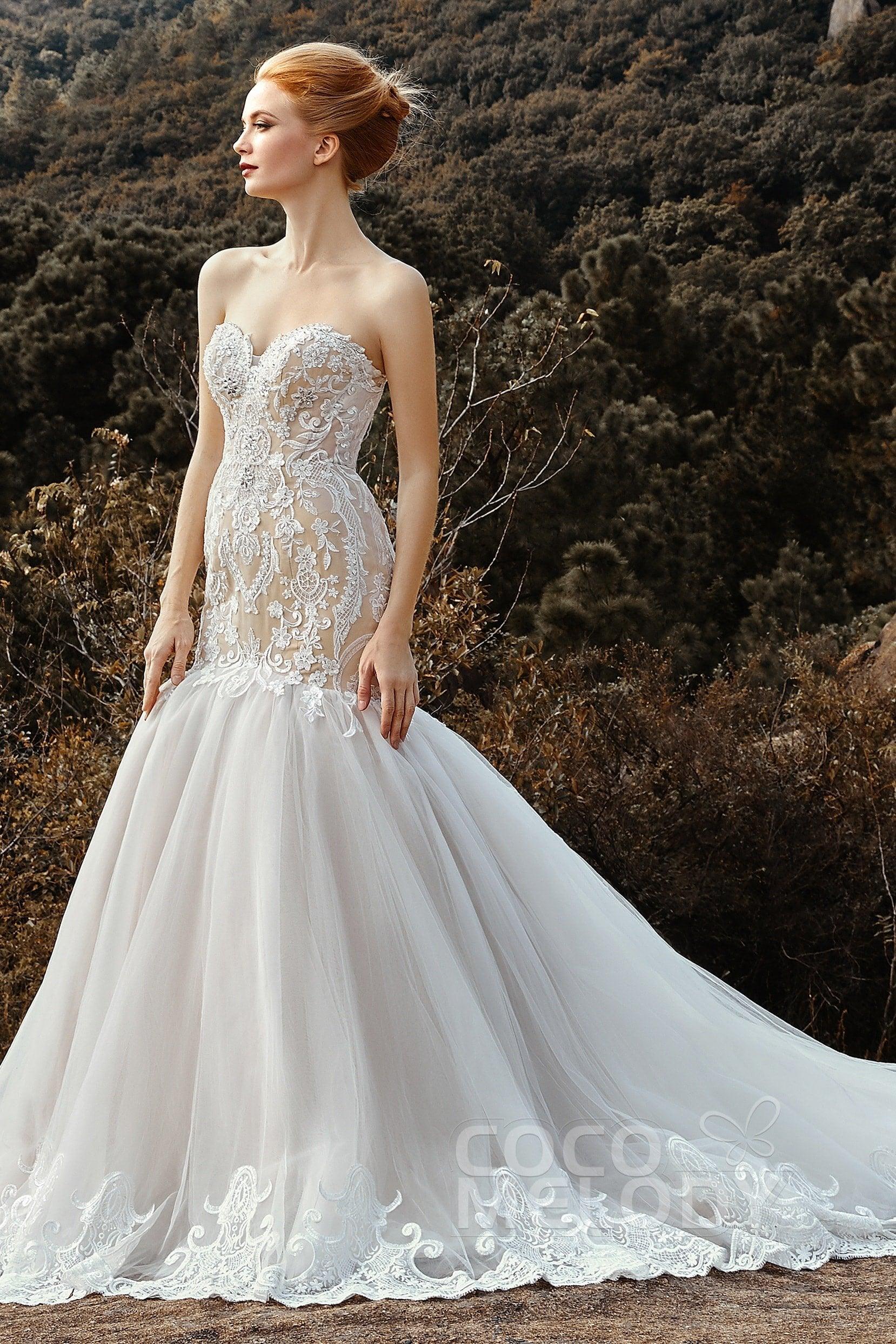 Trumpet Court Train Tulle Elastic Satin Wedding Dress CW2120 - COCOMELODY